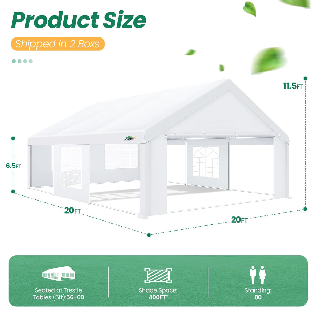 COBIZI 20x20 Party Tent Heavy Duty, Large Outdoor Event Tents for Parties with 6 Sidewalls & Built-in Sandbags,Waterproof Wedding Canopy Gazebo Temporary Shelter,Carport,Camping,Patio,Windproof