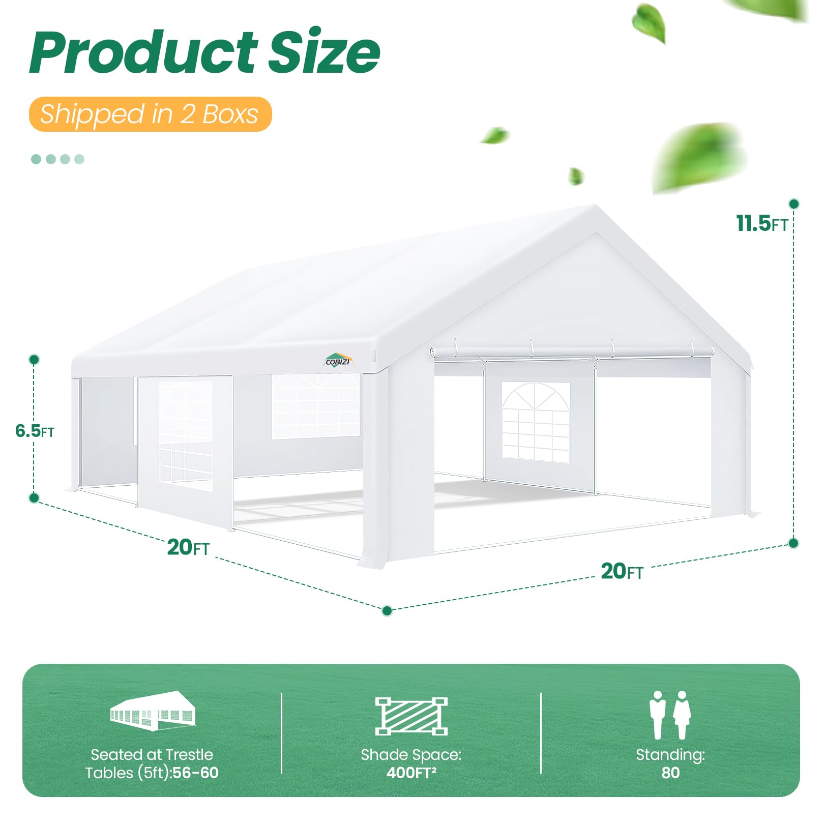 COBIZI 20x20 Party Tent Heavy Duty, Large Outdoor Event Tents for Parties with 6 Sidewalls & Built-in Sandbags,Waterproof Wedding Canopy Gazebo Temporary Shelter,Carport,Camping,Patio,Windproof