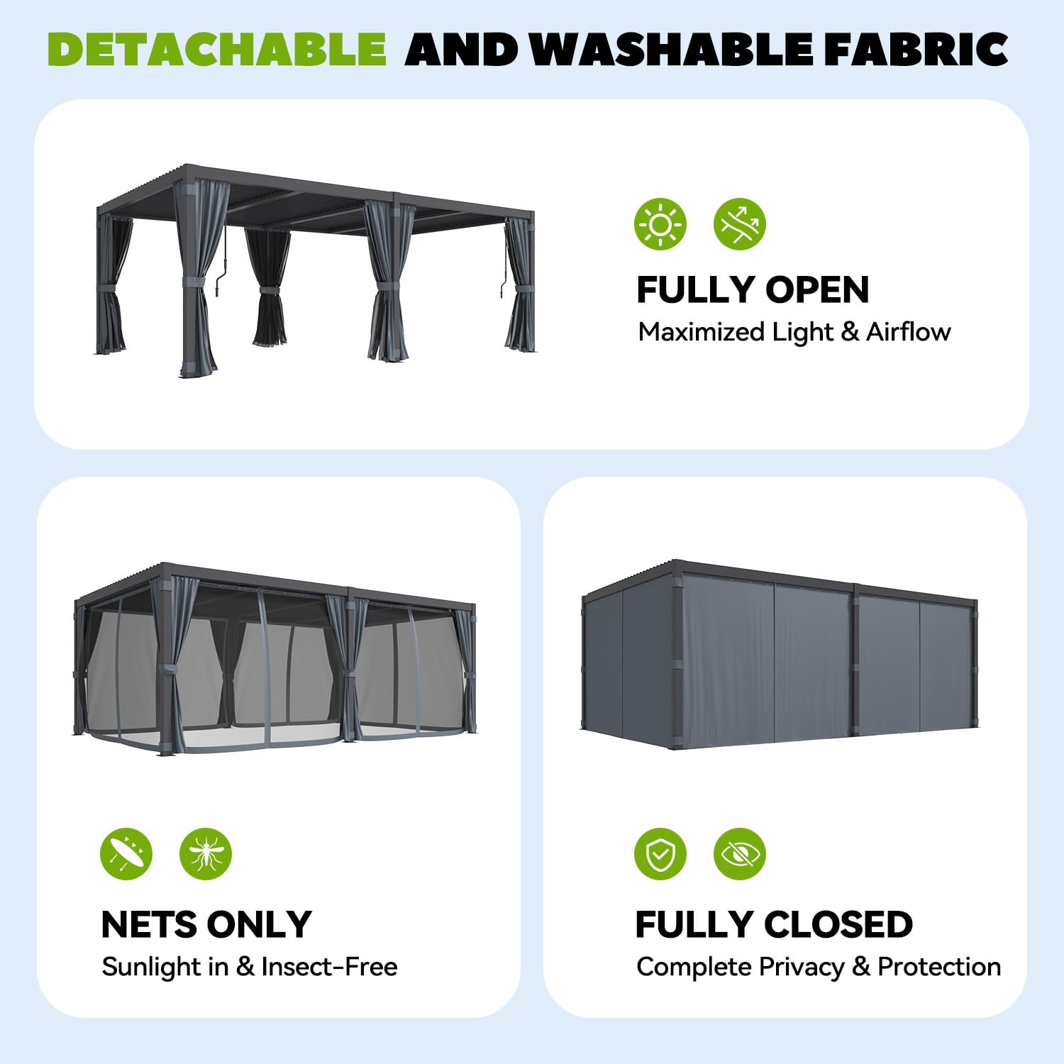 MELLCOM Louvered Pergola 12x20, Steel Aluminum Pergola with Adjustable Louvered Roofs, Outdoor Gazebo with Waterproof Curtains and Nets, Black