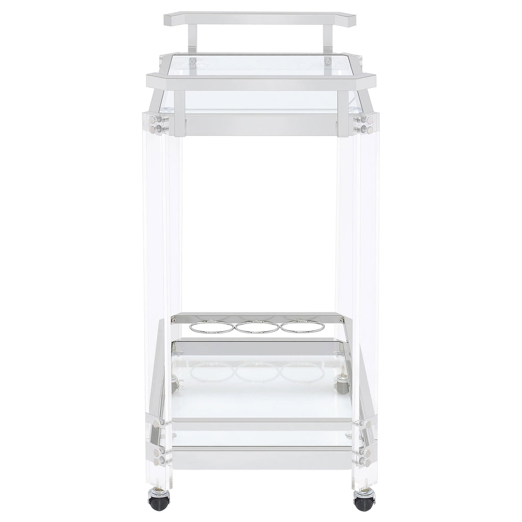 BOWERY HILL Bar Cart, Chrome Finish, Acrylic and Metal Frame with Glass Shelves, 35" H x 28.5" W x 17.25" D, Wine Bottle and Stemware Racks, Contemporary Style Serving Cart with Wheels