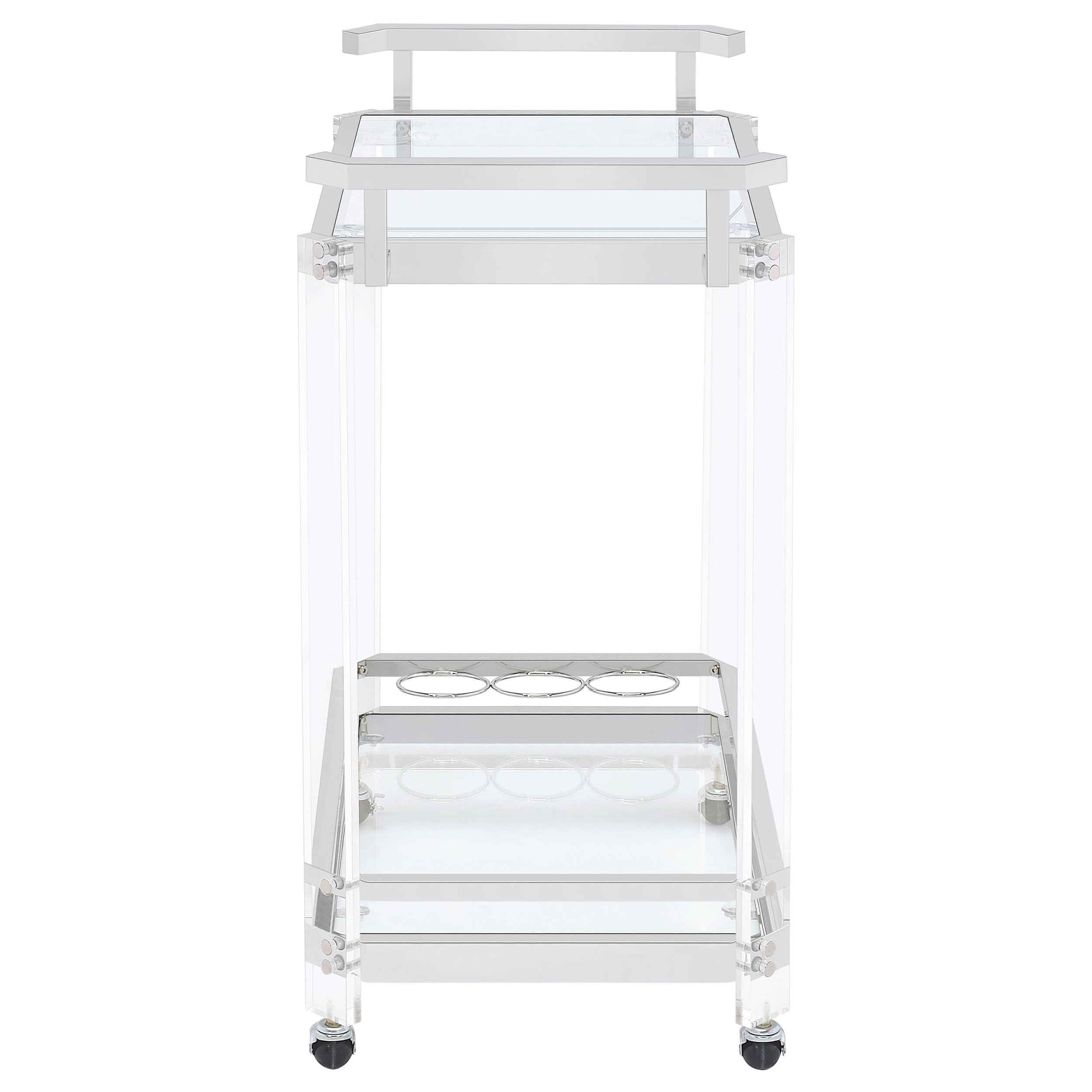 BOWERY HILL Bar Cart, Chrome Finish, Acrylic and Metal Frame with Glass Shelves, 35" H x 28.5" W x 17.25" D, Wine Bottle and Stemware Racks, Contemporary Style Serving Cart with Wheels