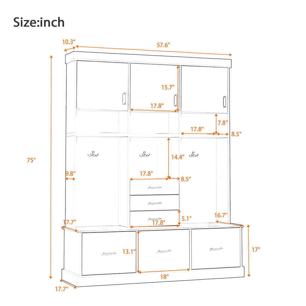 Amposei Hall Tree with Storage Bench & Coat Rack 58’’W Modern Tall Entryway Oranizer Cabinet with 6 Drawers, 3 Metal Hooks for Living Room Hallway Mudroom, Black