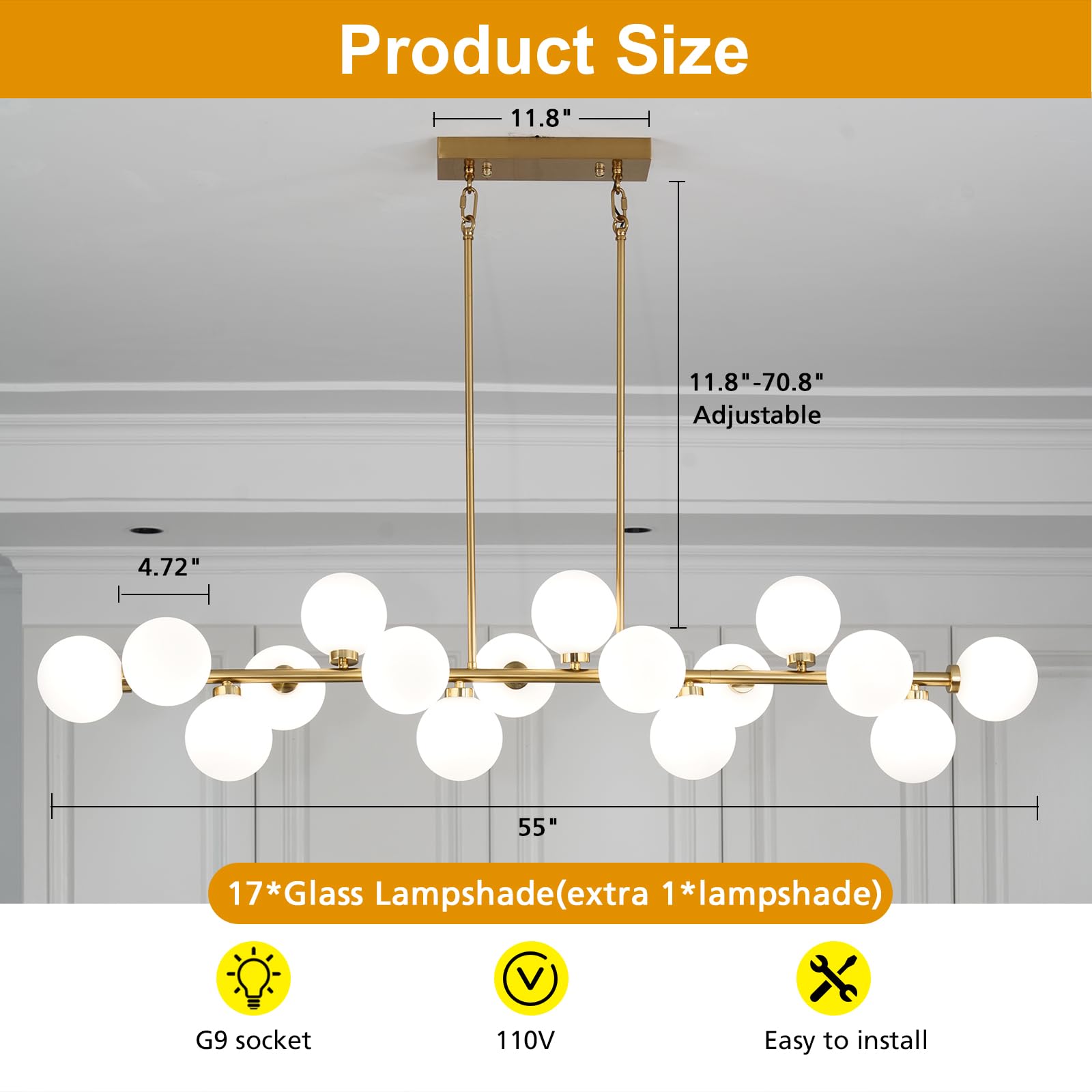 Besytal 55" Brass Linear Chandelier, 16 Lights Mid Century Modern Sputnik Chandelier, Large Pendant Lights Kitchen Island with White Glass Lampshade, Bubble Chandelier for Kitchen Over Table - Gold