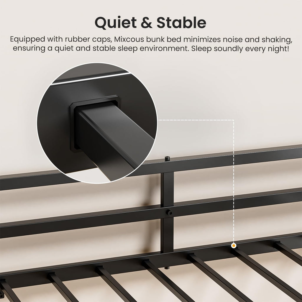 Mixcous Metal Triple Bunk Bed, Twin Over Twin Over Twin Heavy Duty Bunkbeds, Full-Length Guardrail Family-Friendly for All Ages, Bedroom, No Box Spring Needed, Easy Assembly, Black