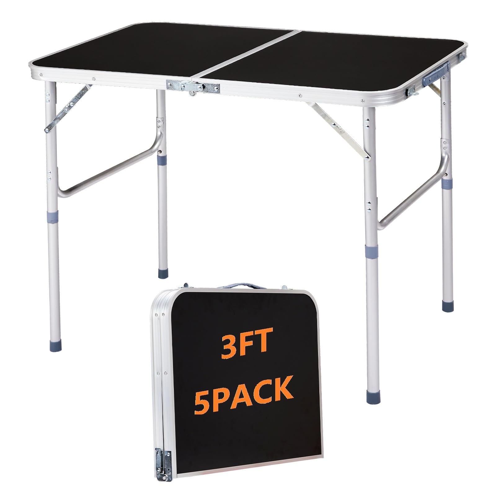 EDWINENE 3 Feet Small Folding Table with Adjustable Height, Lightweight Portable Utility Table for Travel Picnic BBQ Fishing RV Car Tailgate Camping Beach Outdoor Essentials, MDF Tabletop, Black 5Pcs
