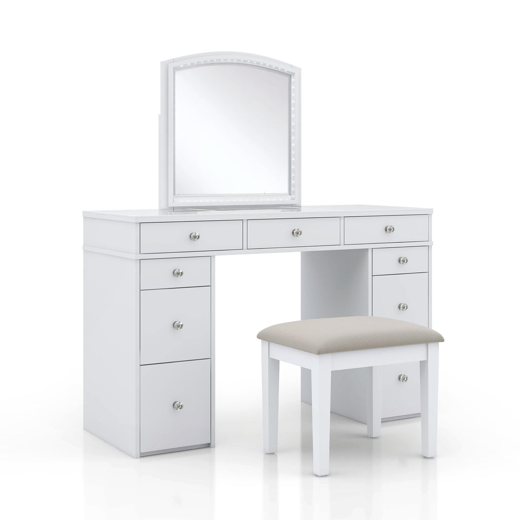 24/7 Shop at Home Juno Modern White Vanity Desk with Mirror and LED Lights, Makeup Table with 9 Drawers, Upholstered Stool with Wood Legs, Bedroom Furniture Set, Dressing Room, Youth Room