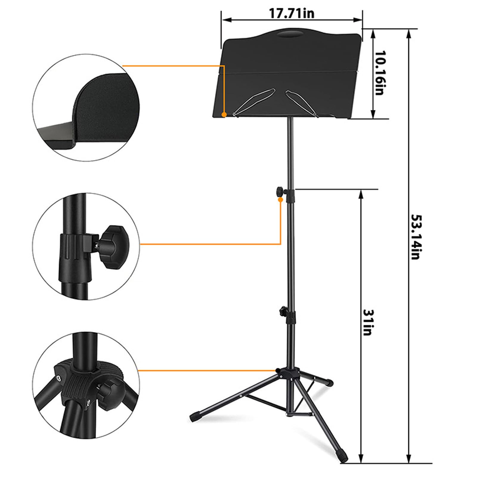icVantA Portable Music Stand, Sheet Music Stand with Bag & Light, with Folding Tray, Stable, Height Adjustable, Bearing 4kg, for Instrumental Performance & Band & Travel, Easy to Install