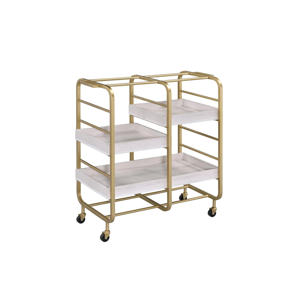 roomfitters Vorrik Gold and White Washed Serving Cart, Glamorous 3-Tier Hollywood Regency Rolling Trolley, 3 Adjustable White Washed Wood Trays