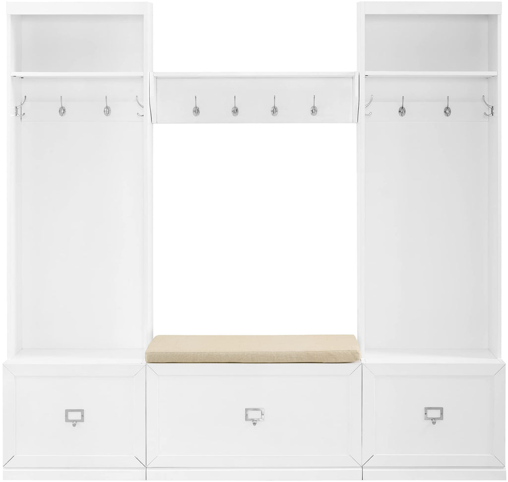 Crosley Furniture Harper 4-Piece Hall Tree, Storage Bench, and Wall Shelf Set with Coat Rack Hooks for Hanging, White