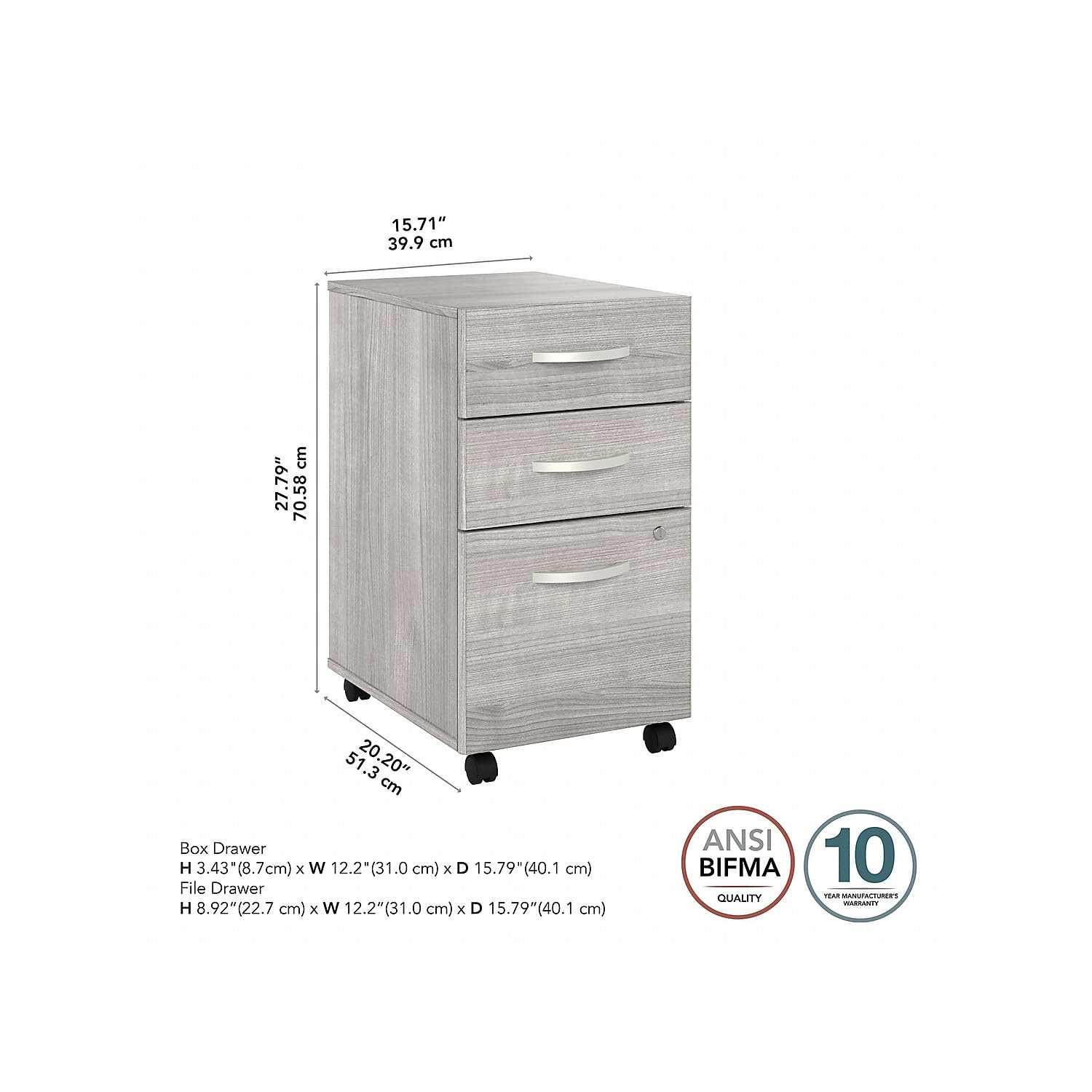Bush Business Furniture Hybrid 3 Drawer Mobile File Cabinet-Assembled, Platinum Gray