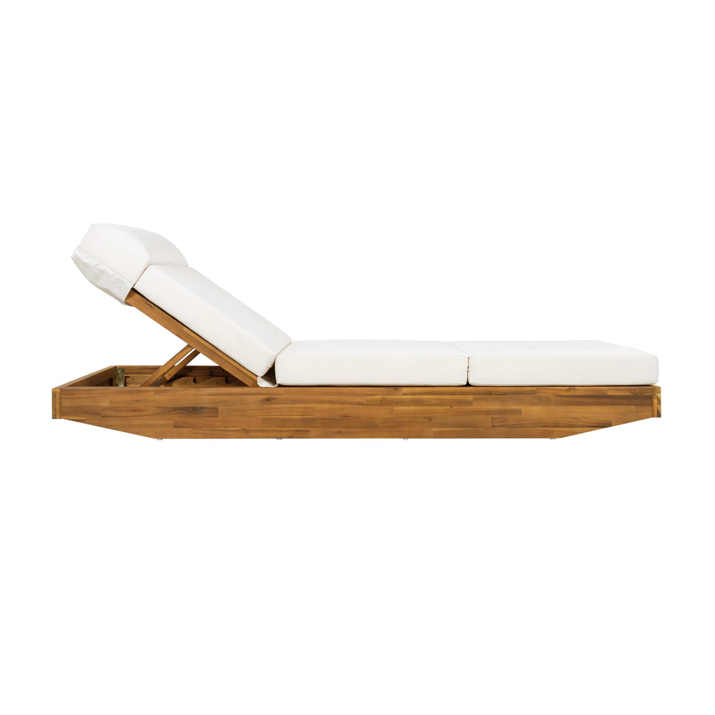 Modern Acacia Wood Outdoor Chaise Lounge with Cream Water-Repellent Cushion & Integrated Headrest, Adjustable & Foldable Design for Patio, Poolside, Garden