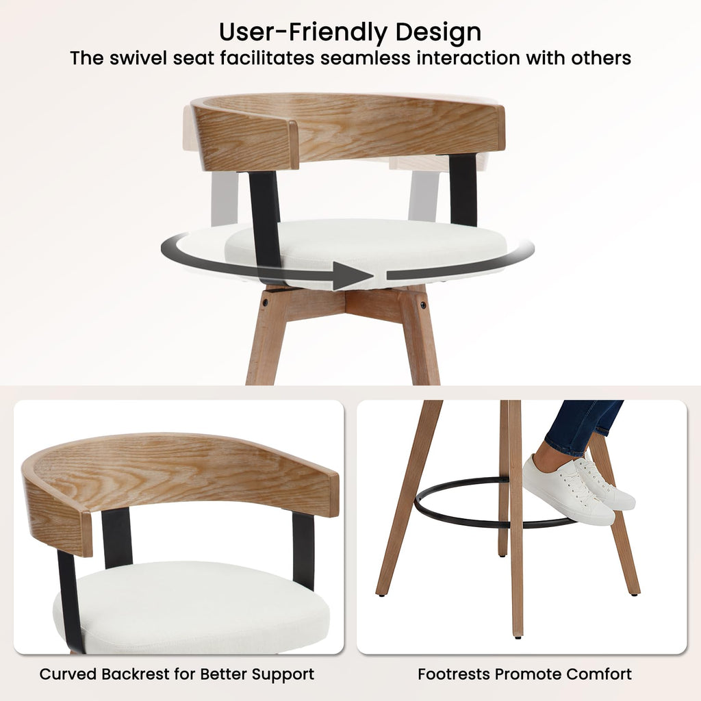 DUOMAY Swivel Bar Stools Set of 2, 26" Counter Height Bar Stool with Footrest Modern Wood Barstools with Linen Upholstered Seat Counter Stools for Kitchen Island Home Bar, White