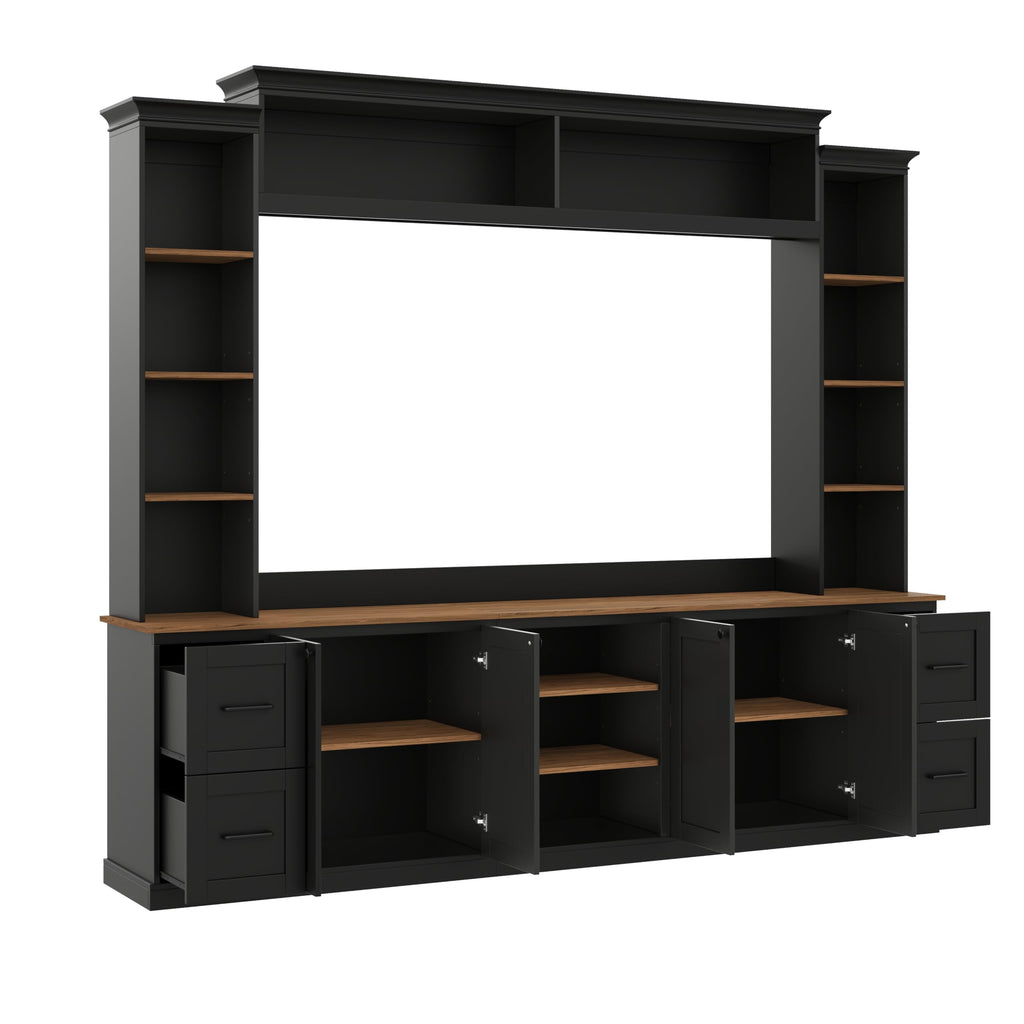 Merax 4-in-1 Wall Unit Entertainment Center with Bookshelf for TVs Up to 70", Farmhouse Large TV Stand with Walnut Adjustable Shelves, Elegant Retro Media Console with Drawers for Living Room, Black