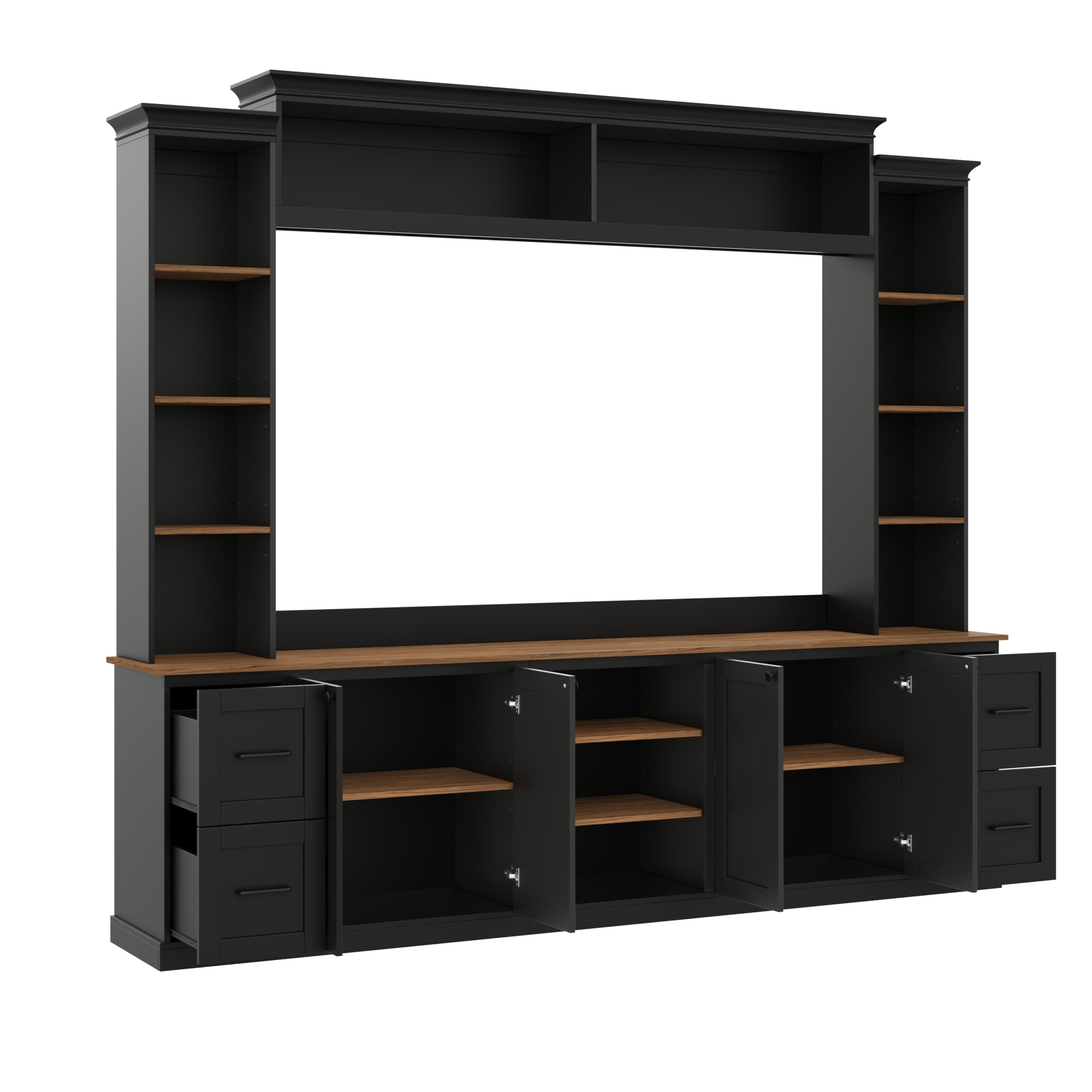 Merax 4-in-1 Wall Unit Entertainment Center with Bookshelf for TVs Up to 70", Farmhouse Large TV Stand with Walnut Adjustable Shelves, Elegant Retro Media Console with Drawers for Living Room, Black