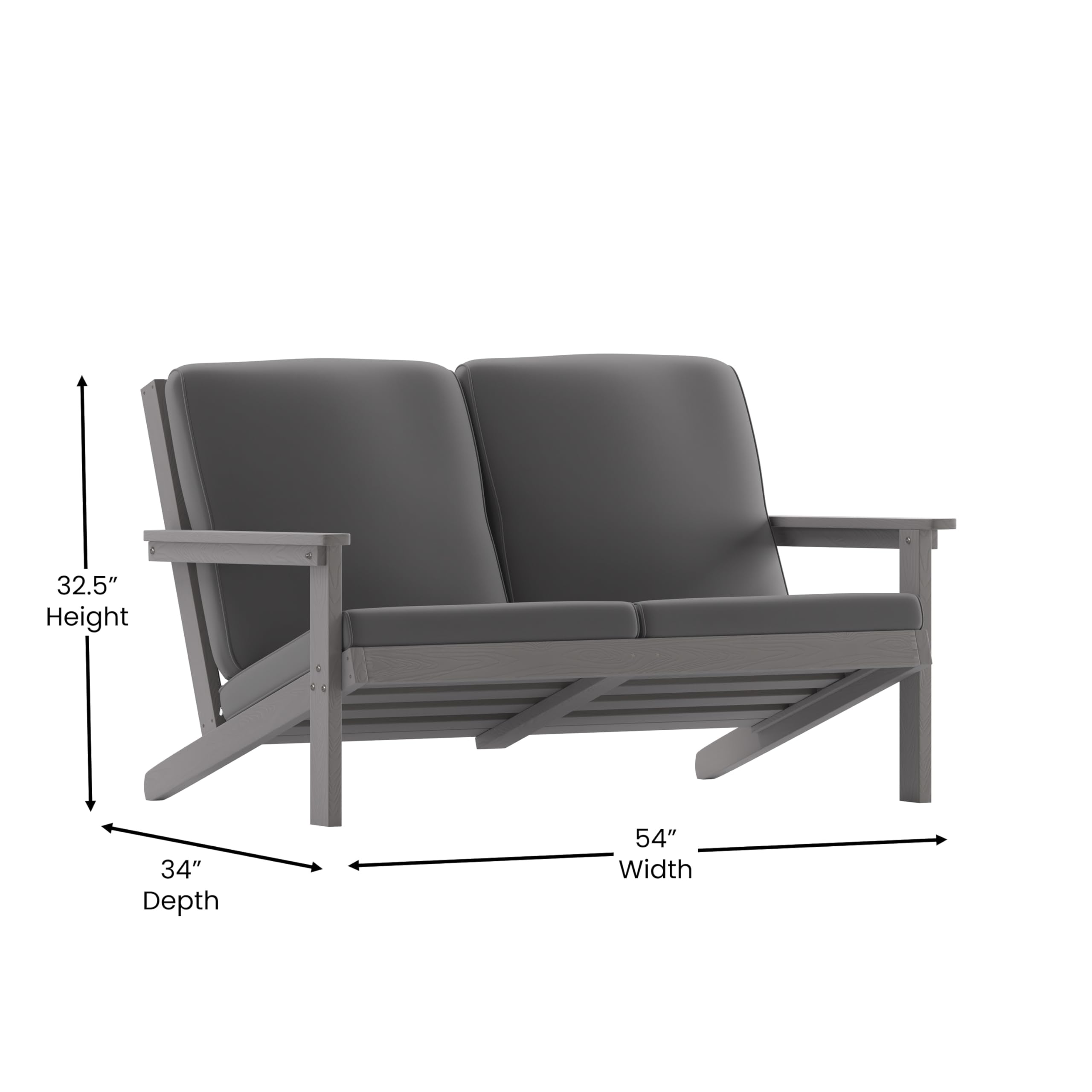 Flash Furniture Charlestown Adirondack Style Deep Seat Patio Loveseat with Cushions - Gray Poly Resin Frame - Gray All-Weather Cushions - Indoor/Outdoor
