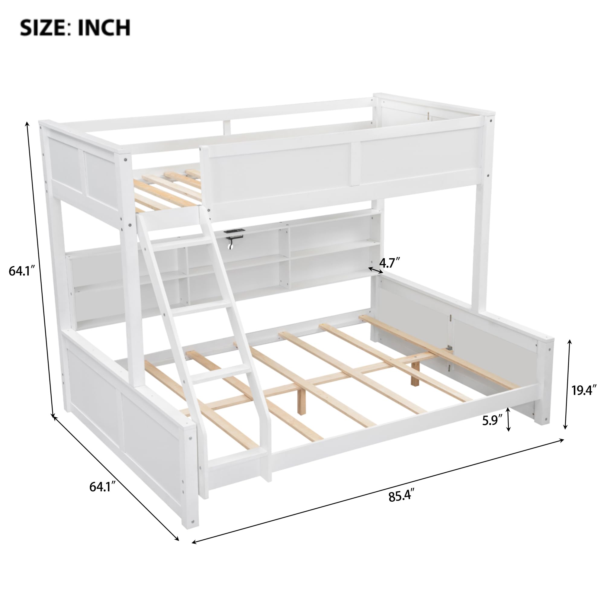 DNYN Twin XL Over Queen Bunk Bed with Storage for Kids/Adults,Solid Wood Bedframe w/Cabinets & USB Ports Design,Perfect for Bedroom, Guest Room, White