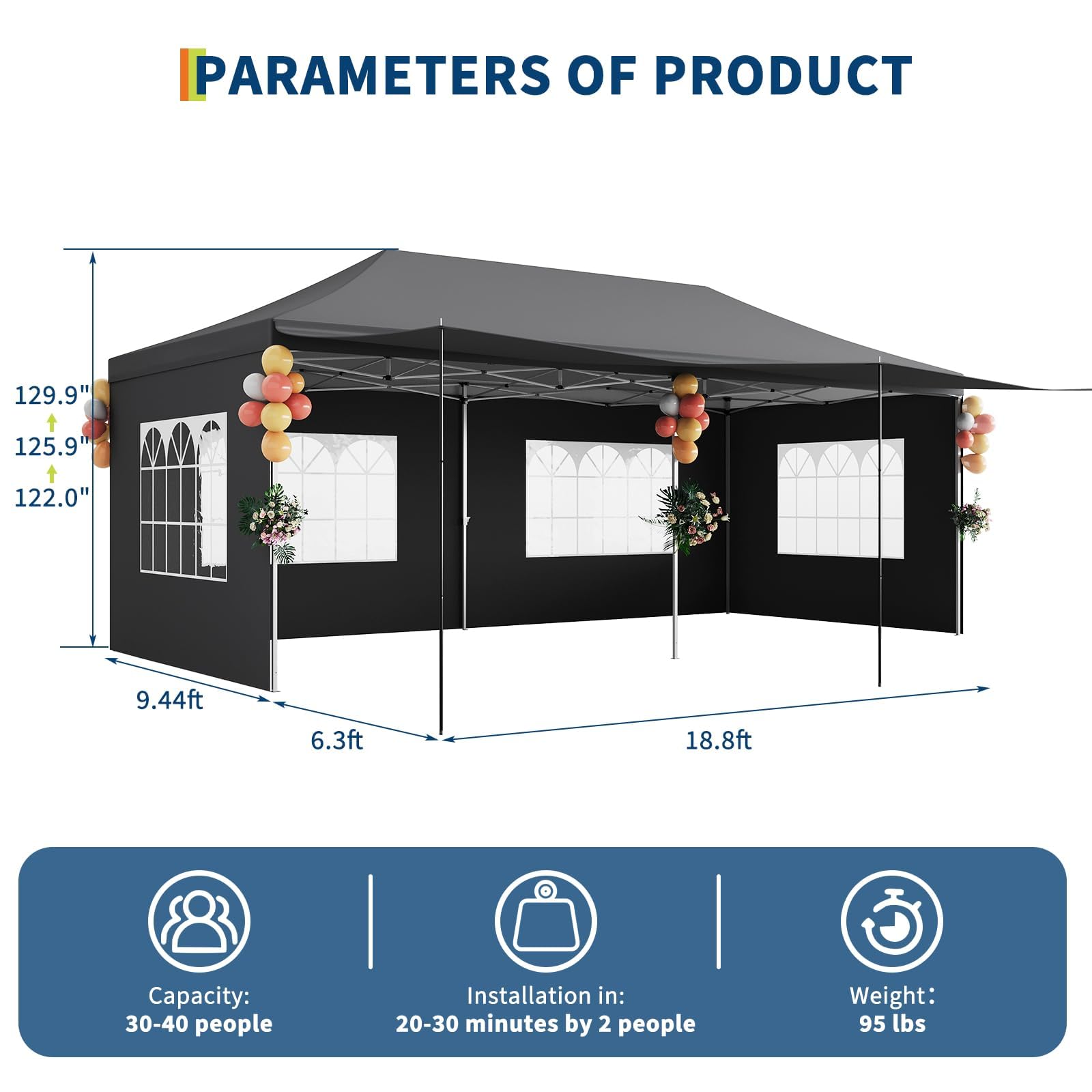 10x20 Pop Up Canopy Tent – Heavy Duty Party Tent with 6 Removable Sidewalls, 6 Sand Bags & Roller Bag, Waterproof UV-Protective Tents for Parties, Adjustable Height Instant Shelter
