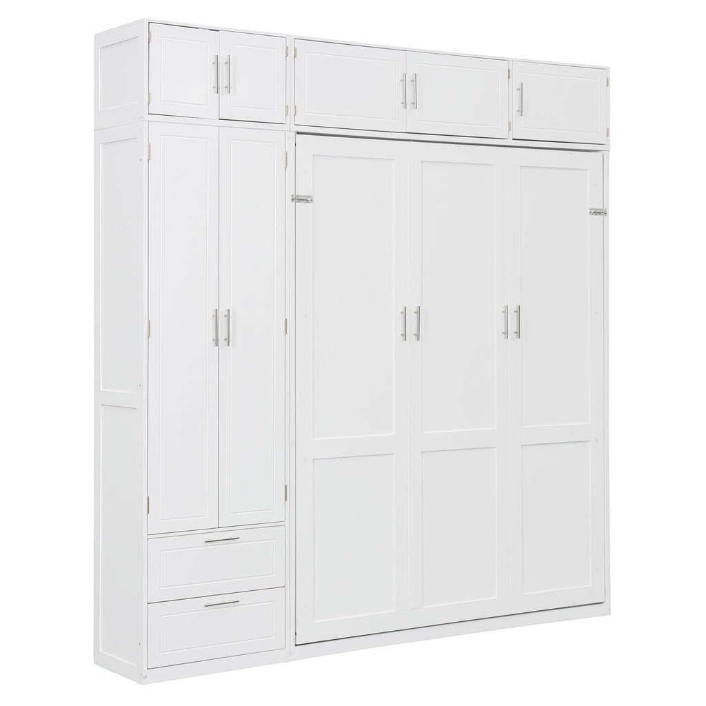 Merax Queen Size Murphy Bed with Top Cabinet, Shelves and Wardrobe, Fold into The Wall, Space-Saving Design, Multifunctional Foldable Platform Bed Frame for Bedroom, Guest Room, Home Office, White