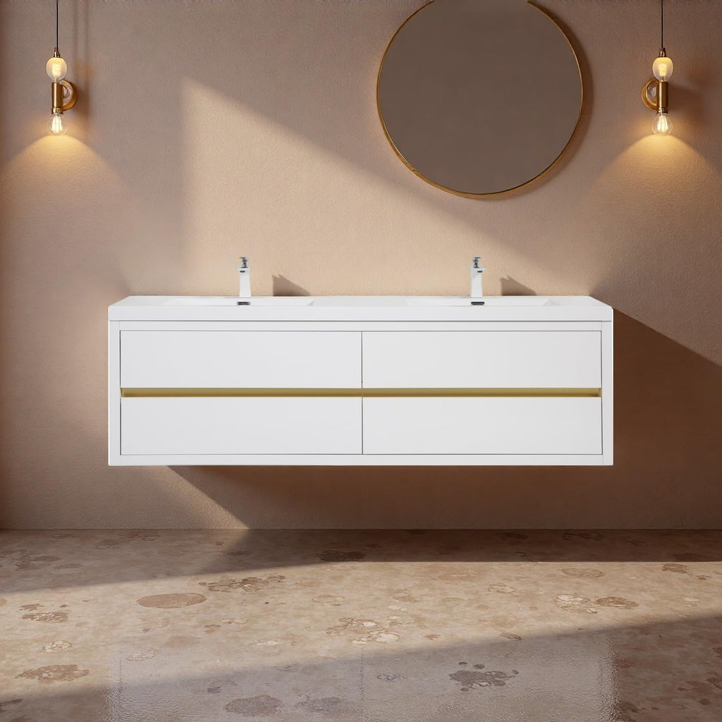 Trygoal 72" Bathroom Vanity with Sink, Floating Vanity with Resin Countertop & 4 U-Shaped Interiors, Wall-Mounted Bathroom Storage Cabinet with Soft-Close Drawers for Home, Easy to Clean, Glossy White