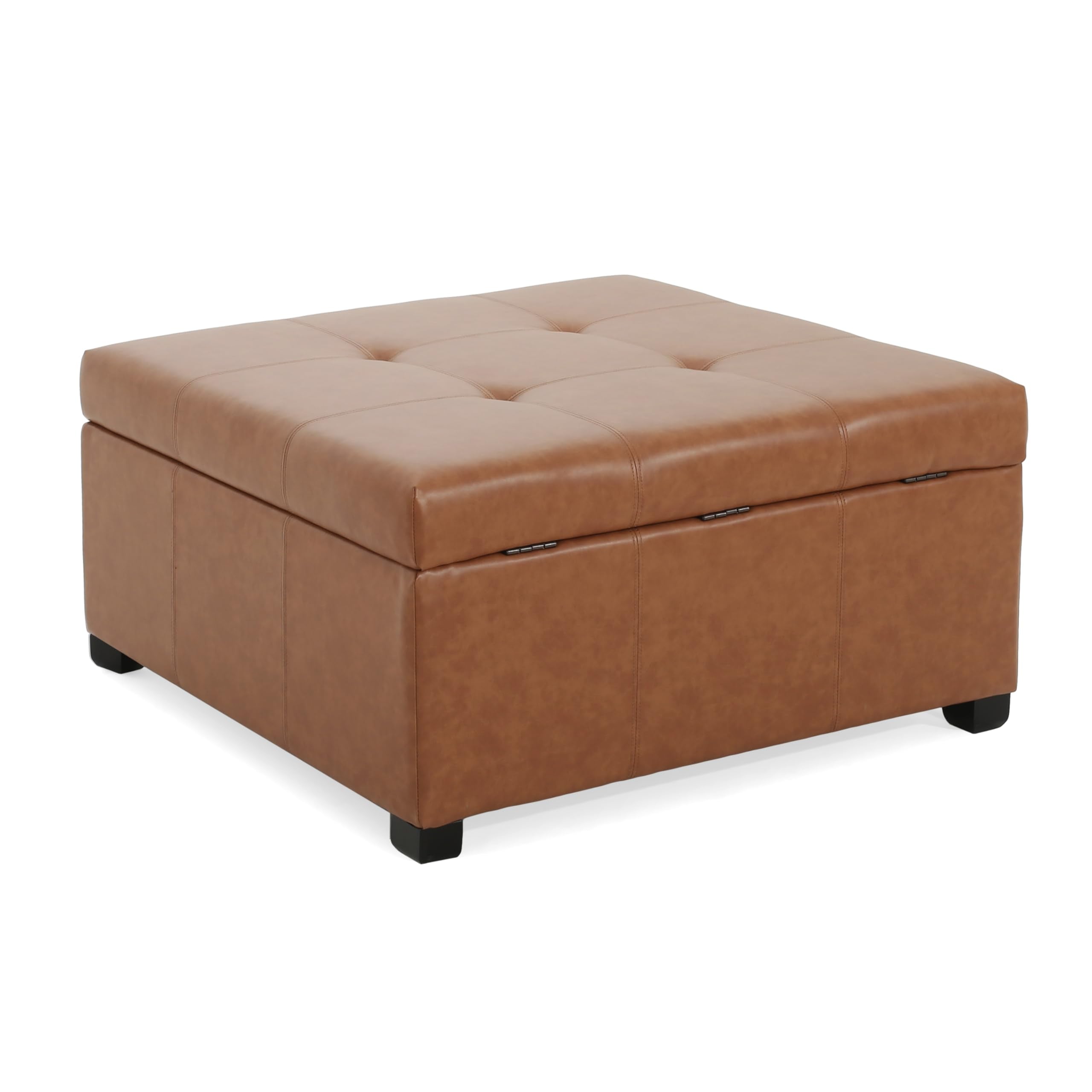 Christopher Knight Home Carlsbad PU Ottoman with Storage Square,Faux Leather Storage Ottoman Bench,Small Foot Rest Stool, End Side Table,Upholstered Toy Box Storage for Living Room Bed Room,Tan Brown