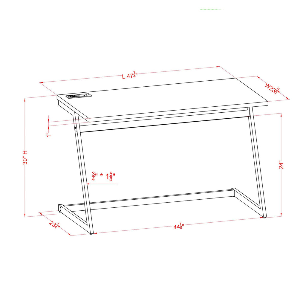 24/7 Shop at Home Ruthetta Modern Metal Writing Desk with USB Port, Power Outlet for Workstation, Home Office, Study Room, Glossy Black and Brass