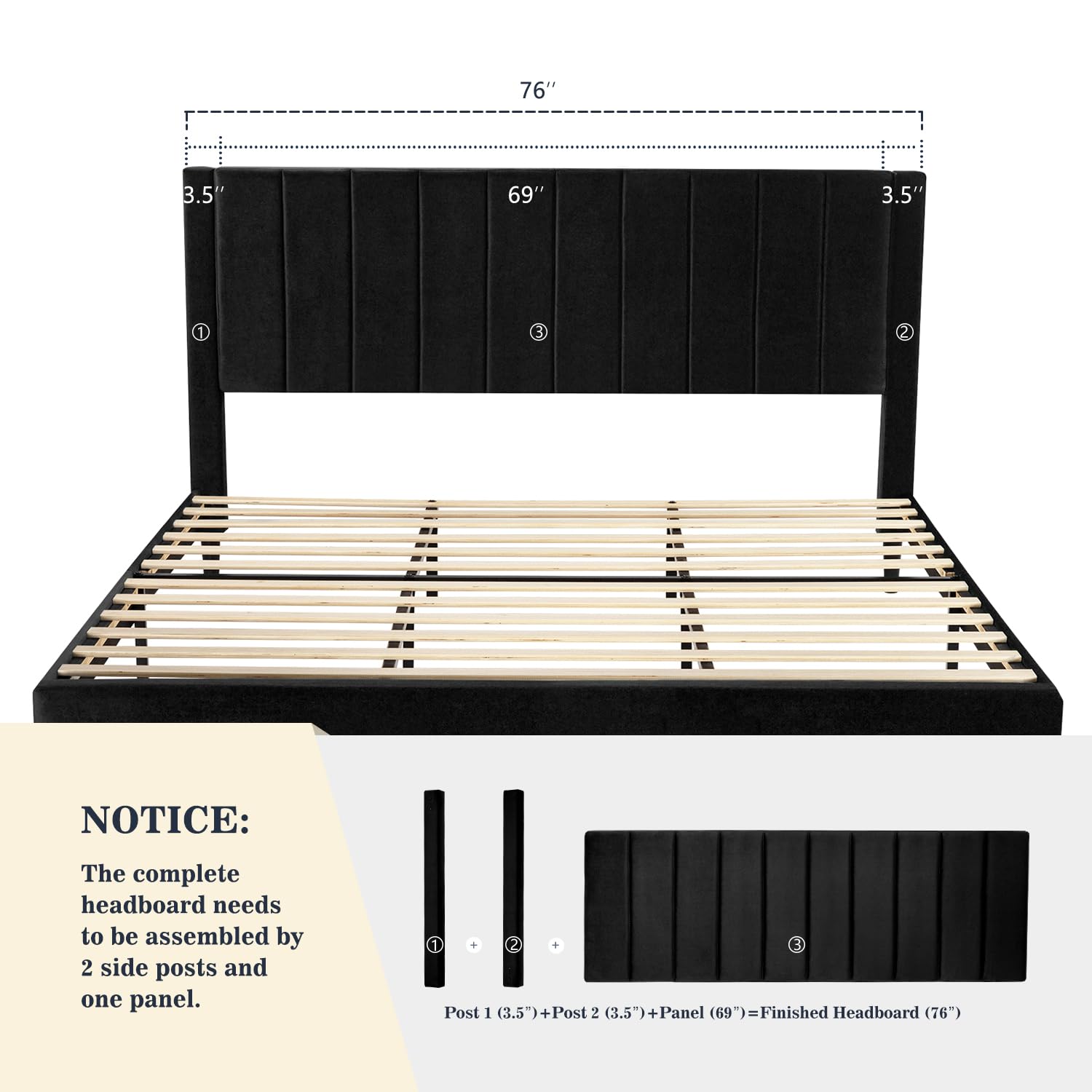 Allewie King Bed Frame/Velvet Upholstered Bed Frame with Vertical Channel Tufted Headboard/Strong Wooden Slats/Platform Bed Frame/Mattress Foundation/Box Spring Optional/Easy Assembly/Black