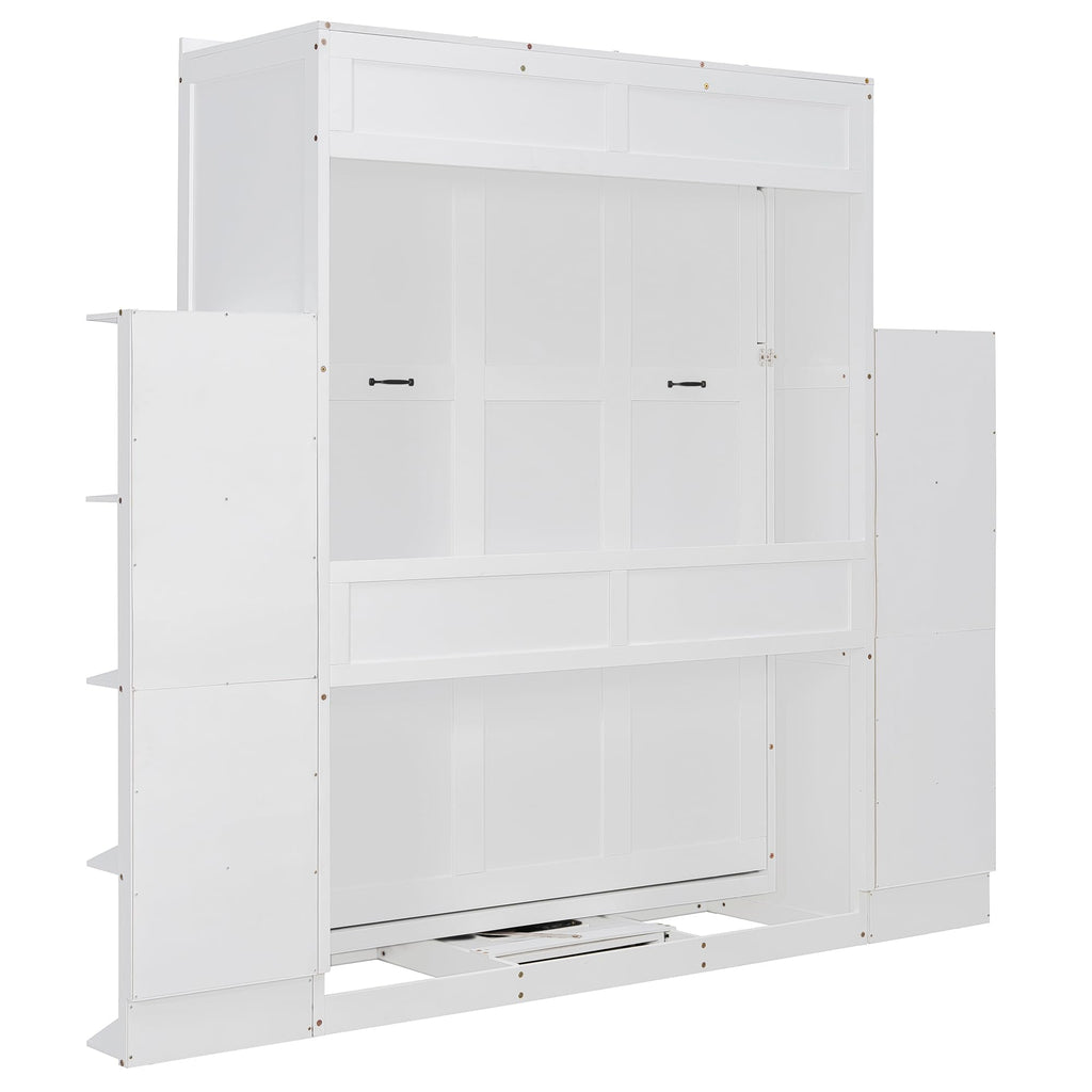 Rotating Full Murphy Bed with Hidden Wall Cabinet, Dual 3-Tier Side Shelves, Convertible Desk, Extra Storage Racks, Space-Saving Multifunctional Wall Bed for Home Office &Small Rooms, White