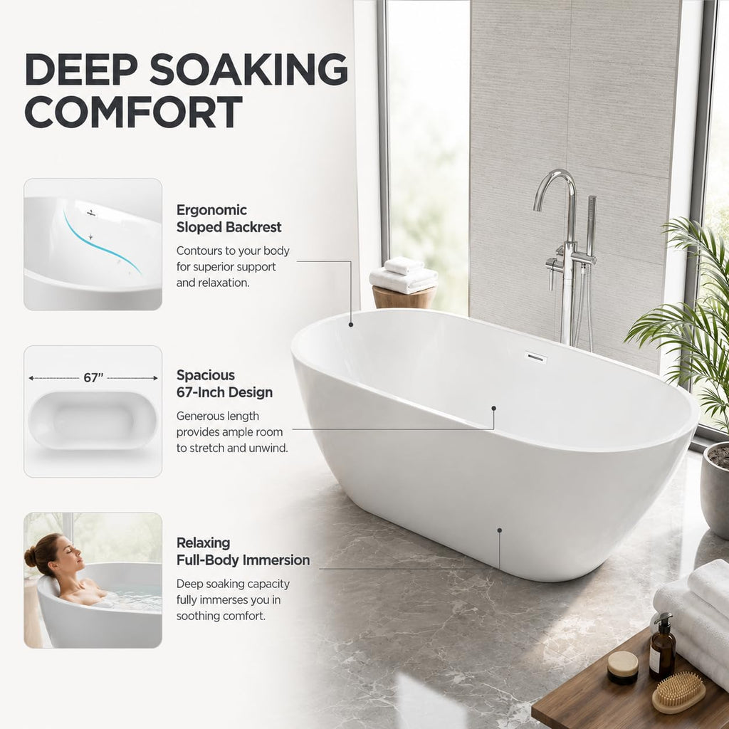 Garvee 67" Deep Soaking Bathtub, Non-Slip Acrylic Tub with Chrome Drain, cUPC Certified, Ergonomic Modern Bath for Bathrooms, Easy-Install, White Pearl