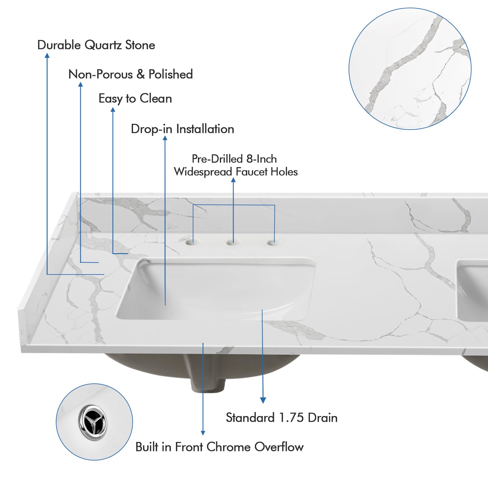 EQLOO 60 in.W x 22 in.D Quartz Calacatta River Vanity Top,with Undermount Double Sink Vanity Top,with Two Sidesplash & One Backsplash,8 Inch Faucet Hole Spread Bathroom Vanity Sink Countertop