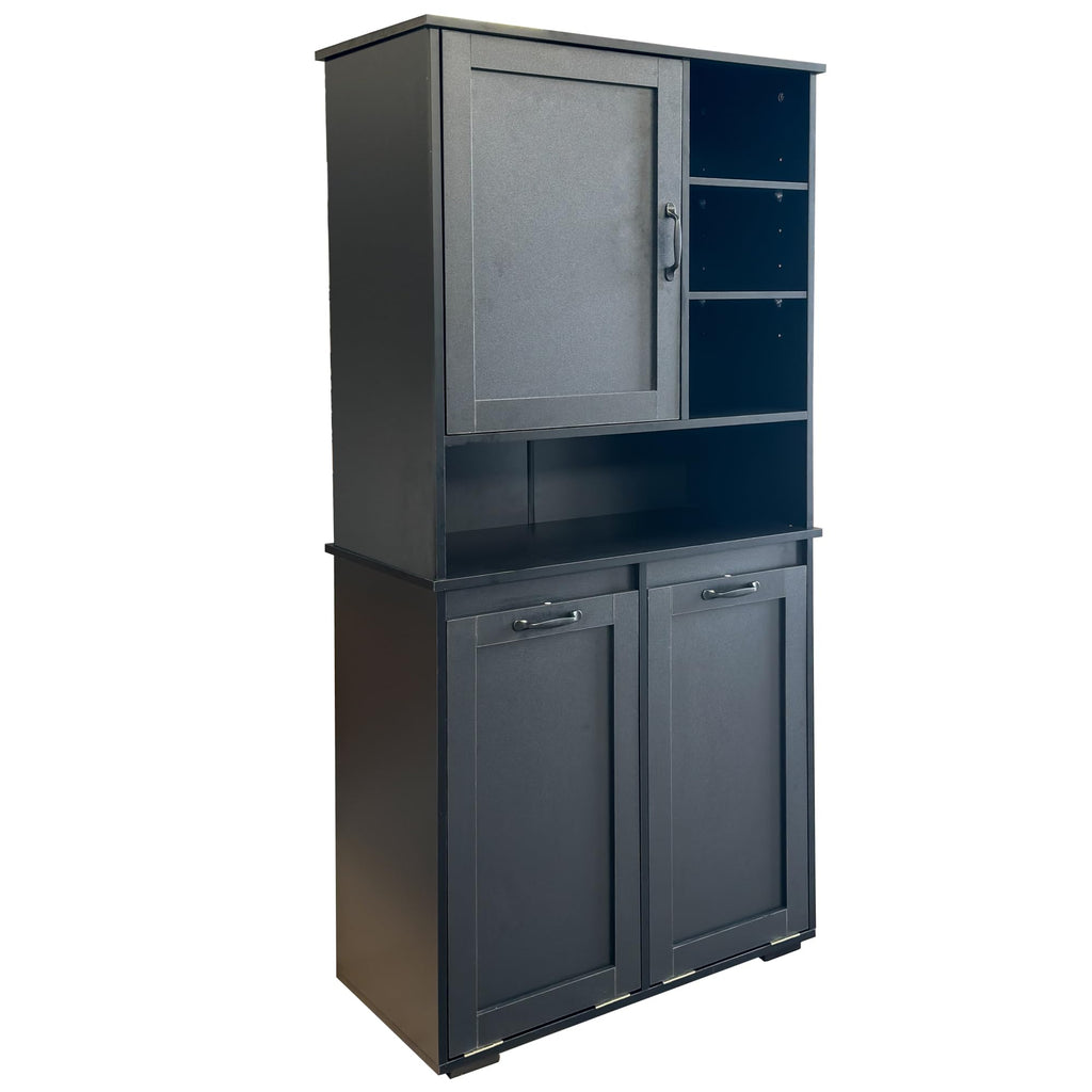 Roomfitters Tilt Out Laundry Hamper Cabinet with Hutch Modern Black Wooden Bathroom Storage Pantry Linen Tower, Black