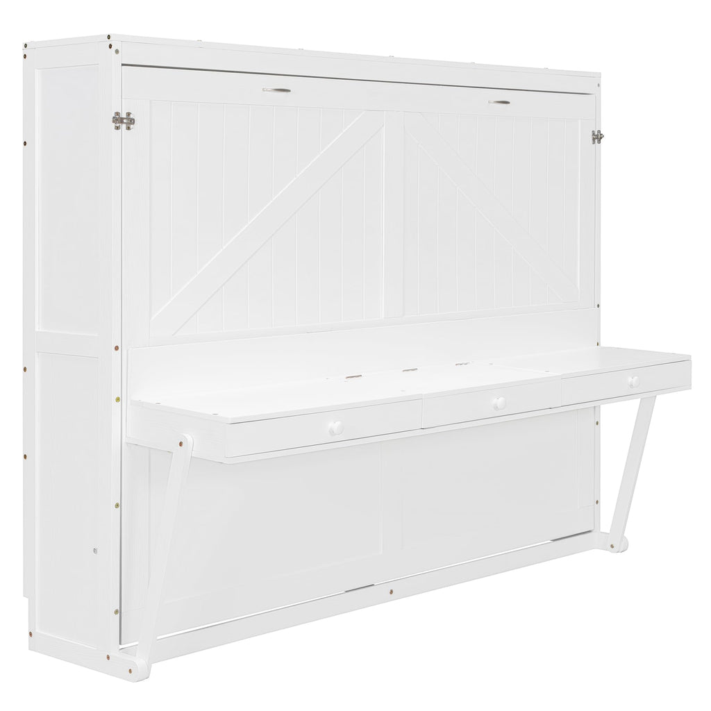 Merax Queen Size Murphy Bed with Vanity Desk, Foldable Murphy Cabinet Bed with Center Mirror and 2 Side Storage Drawers, Wood Space-Saving Hidden Wall Bed Cabinet for Guest Room Office, White
