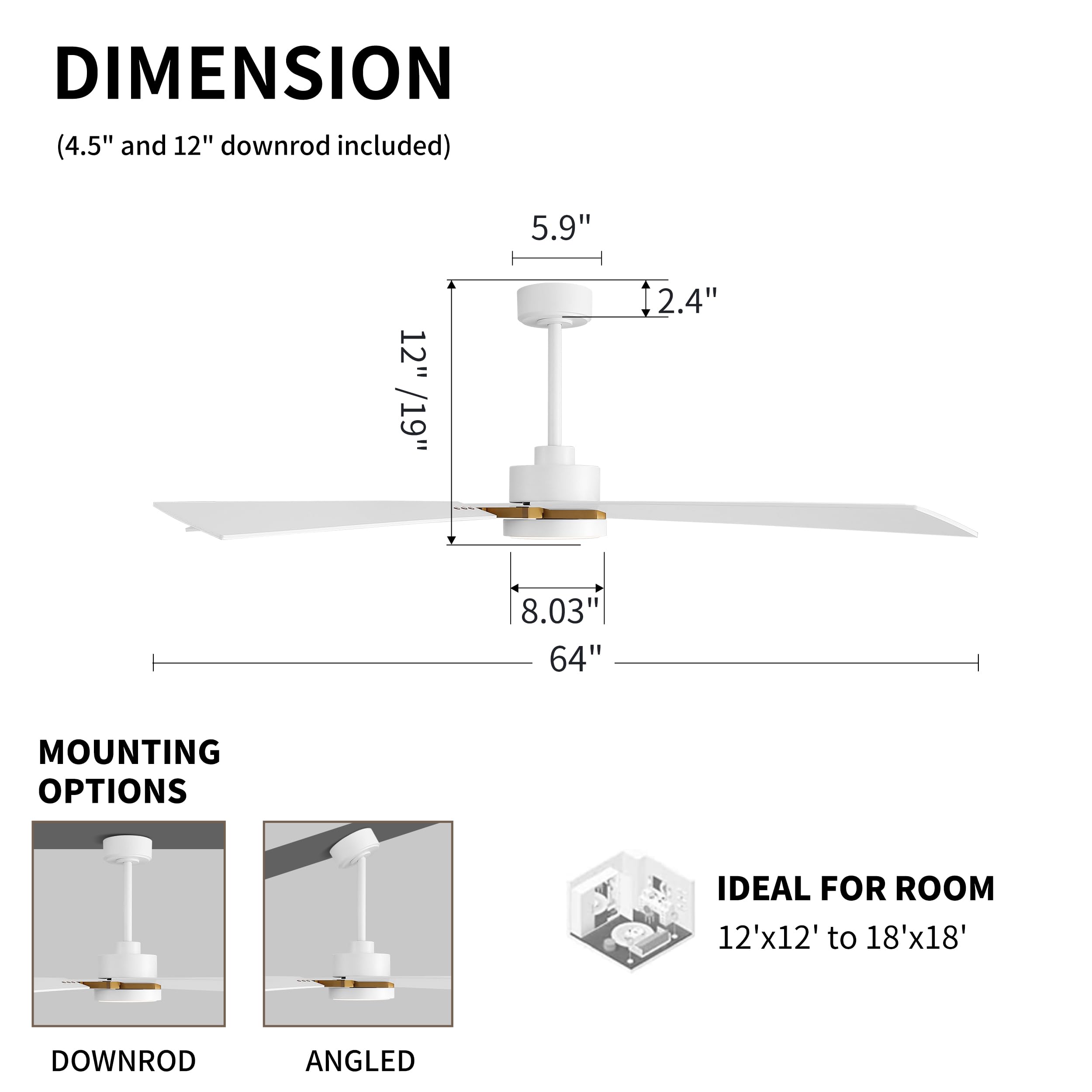 WINGBO 64 Inch Ceiling Fan with Light and Remote, 5 Plywood Blades, 6-Speed Reversible DC Motor, Dimmable, 3CCT, Modern Ceiling Fan for Bedroom Living Room Kitchen, Gold and White