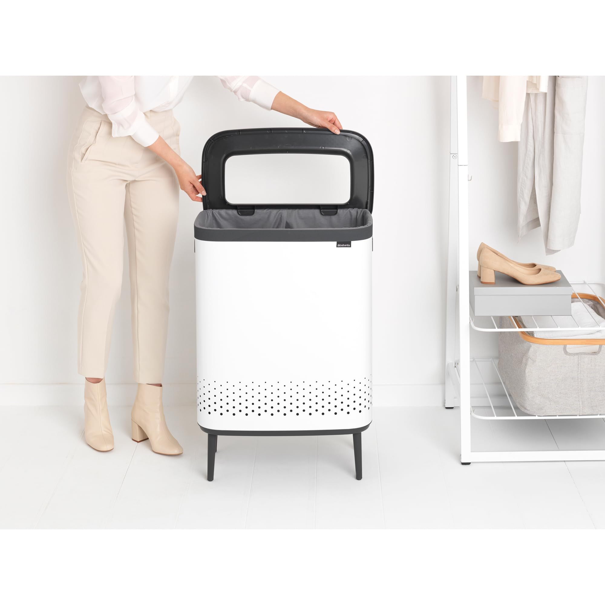 Brabantia Bo Laundry Hamper Hi (White) 2 Compartment Removable Laundry Bag 2 x 12 Gal, Ventilated Stylish Dirty Clothes Holder, Flat Back, Off-the Ground, Anti-Rust Materials for Bathroom Use