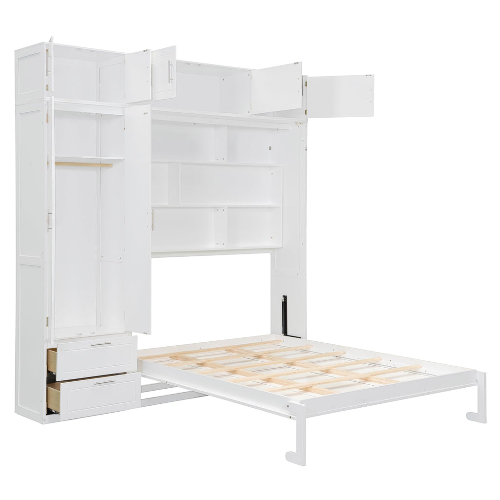 Merax Queen Size Murphy Bed with Top Cabinet, Shelves and Wardrobe, Fold into The Wall, Space-Saving Design, Multifunctional Foldable Platform Bed Frame for Bedroom, Guest Room, Home Office, White
