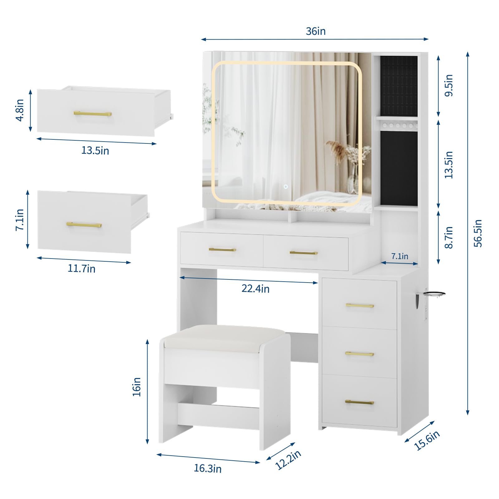 IDEALHOUSE Vanity Desk with Mirror and Lights, Makeup Vanity Set with Drawers & Chair, 3 Light Mode and Brightness Adjusted & Power Outlet, Dressing Table with Hairdryer Holder for Bedroom