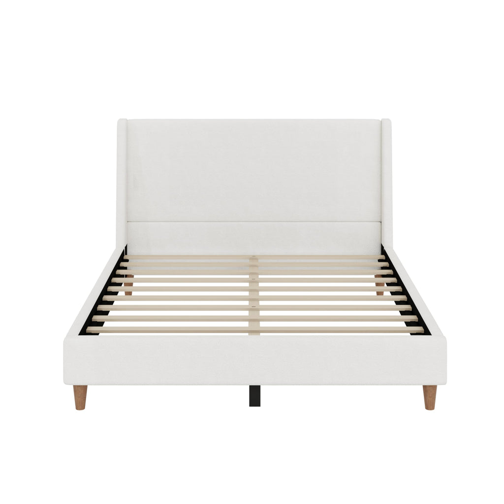 Merax Solid Wood Queen Size Boucle Bed Frame with Wingback Headboard, Modern Upholstered Platform with Walnut Wooden Legs, Strong Wooden Slats, No Box Spring Needed, Easy Assembly, Noise-Free, Ivory