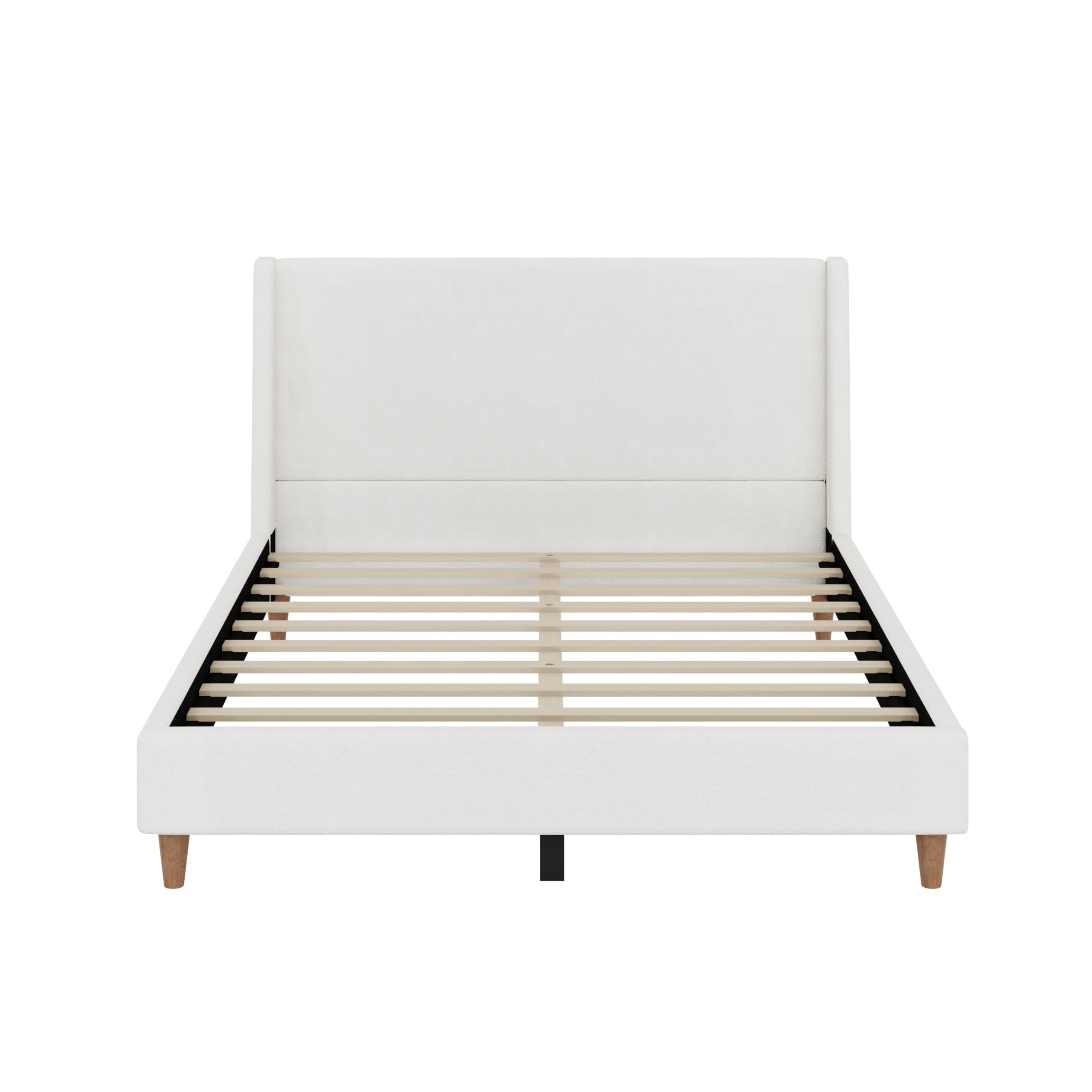 Merax Solid Wood Queen Size Boucle Bed Frame with Wingback Headboard, Modern Upholstered Platform with Walnut Wooden Legs, Strong Wooden Slats, No Box Spring Needed, Easy Assembly, Noise-Free, Ivory