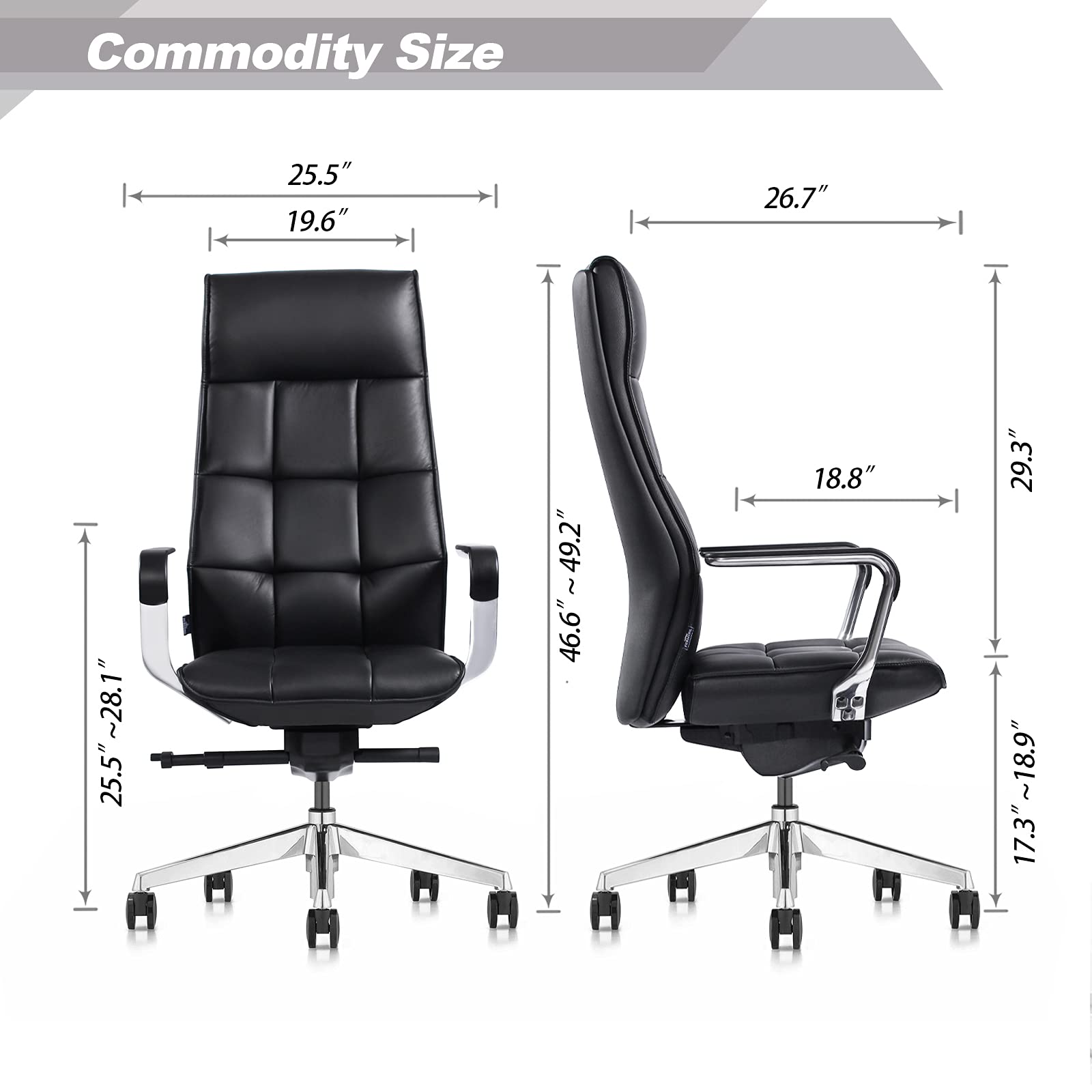FURIJING Genuine Leather Aluminum Base High Back Executive Chair,Modern Ergonomic Real Leather Office Chair Boss Executive Chair with Synchro-Tilt Mechanism-Black.