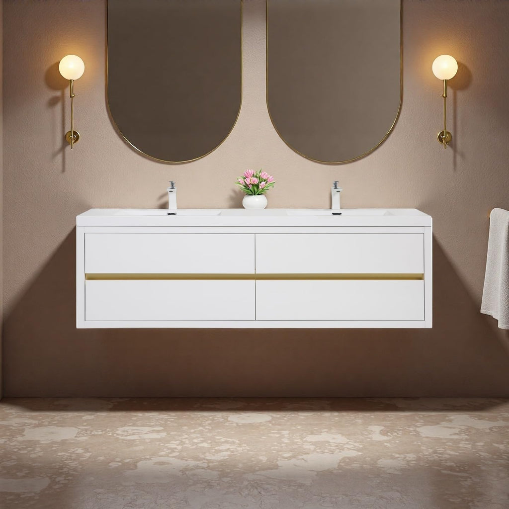 Trygoal 72" Bathroom Vanity with Sink, Floating Vanity with Resin Countertop & 4 U-Shaped Interiors, Wall-Mounted Bathroom Storage Cabinet with Soft-Close Drawers for Home, Easy to Clean, Glossy White