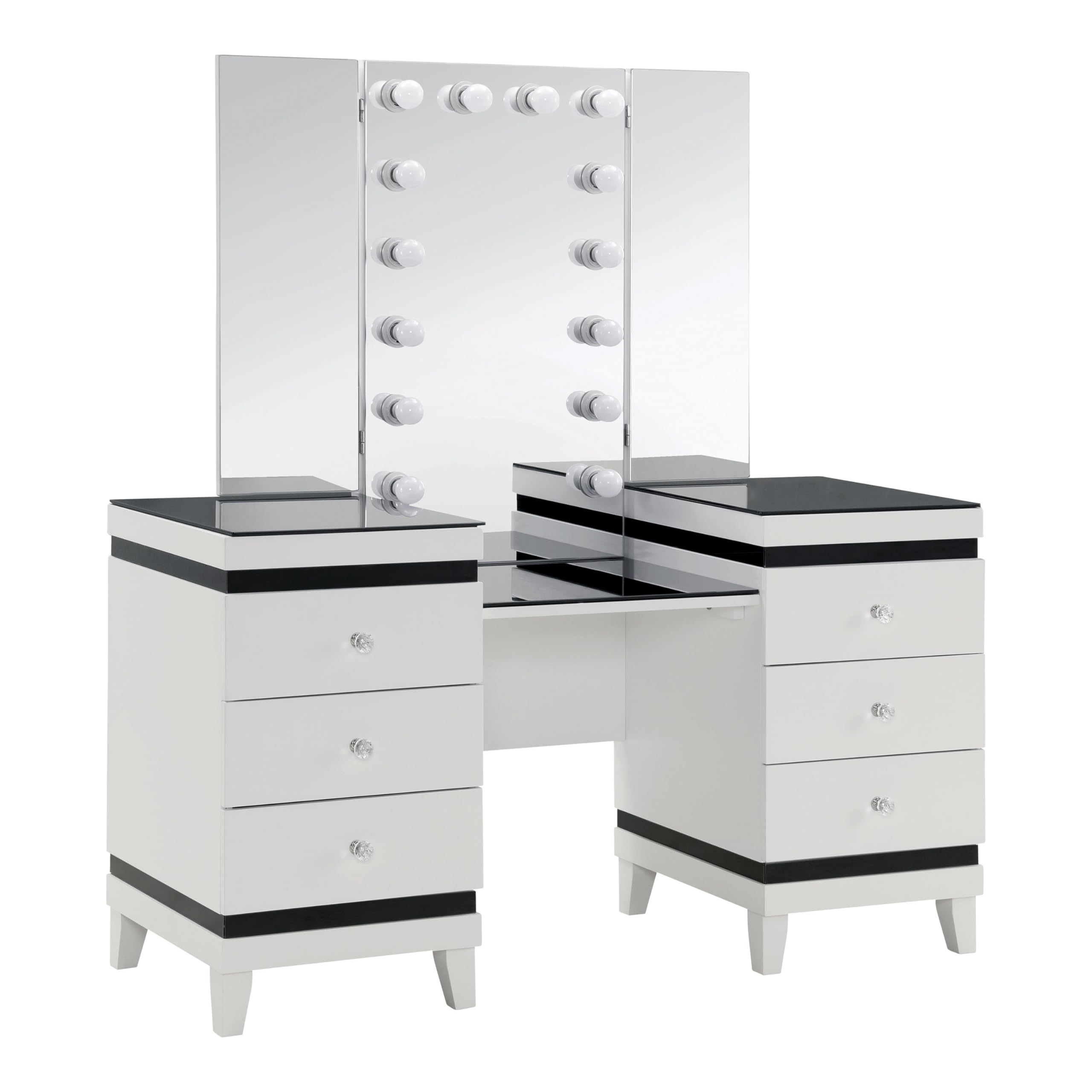 Furniture of America Oleah Solid Wood 3-Piece Vanity Set with Black Padded Stool and Light Bulbs Mirror, Felt-Lined Top Drawer for Bedroom, Guest Room, White