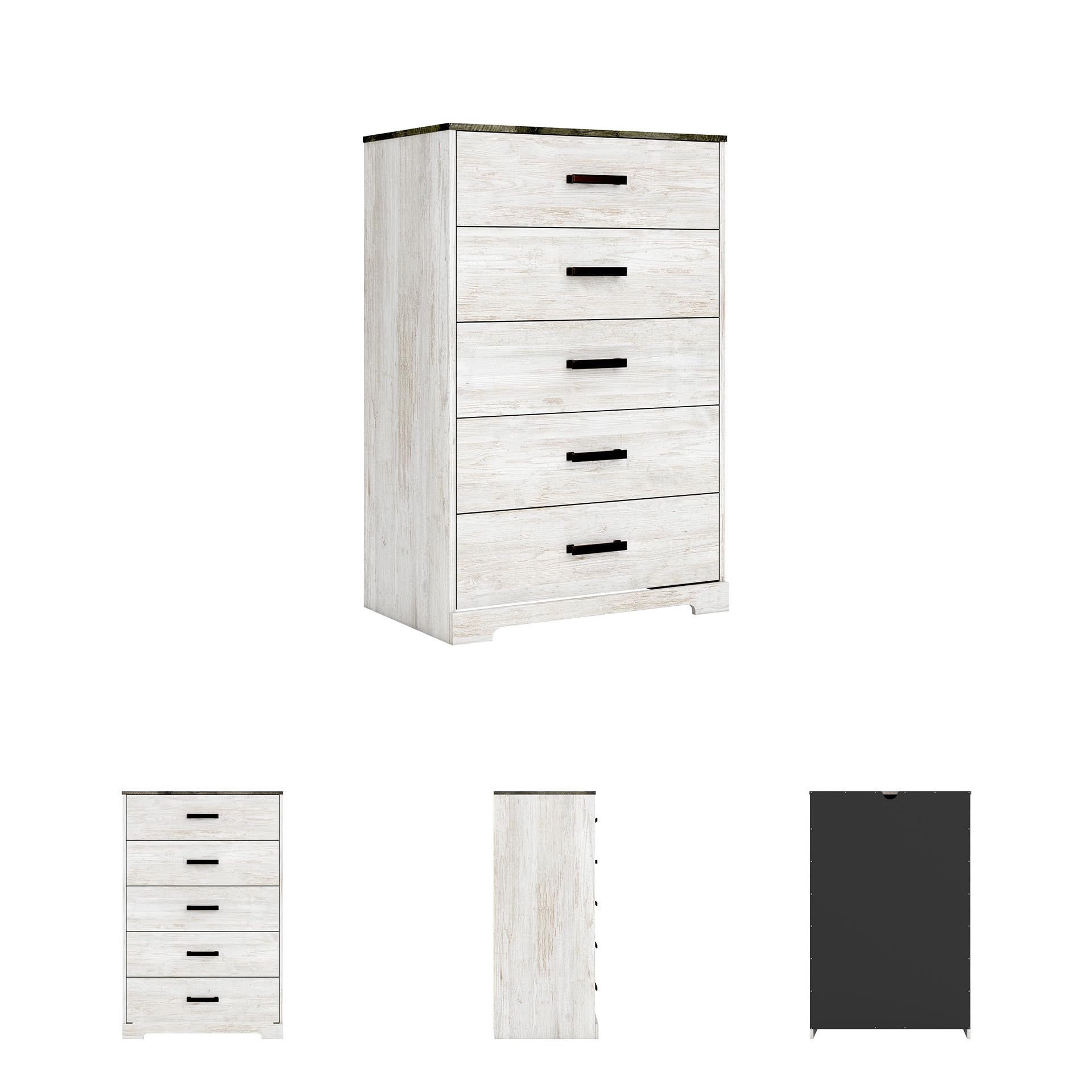Signature Design by Ashley Shawburn Rustic 5 Drawer Chest of Smooth-Gliding Drawers and Safety Stop, White & Gray