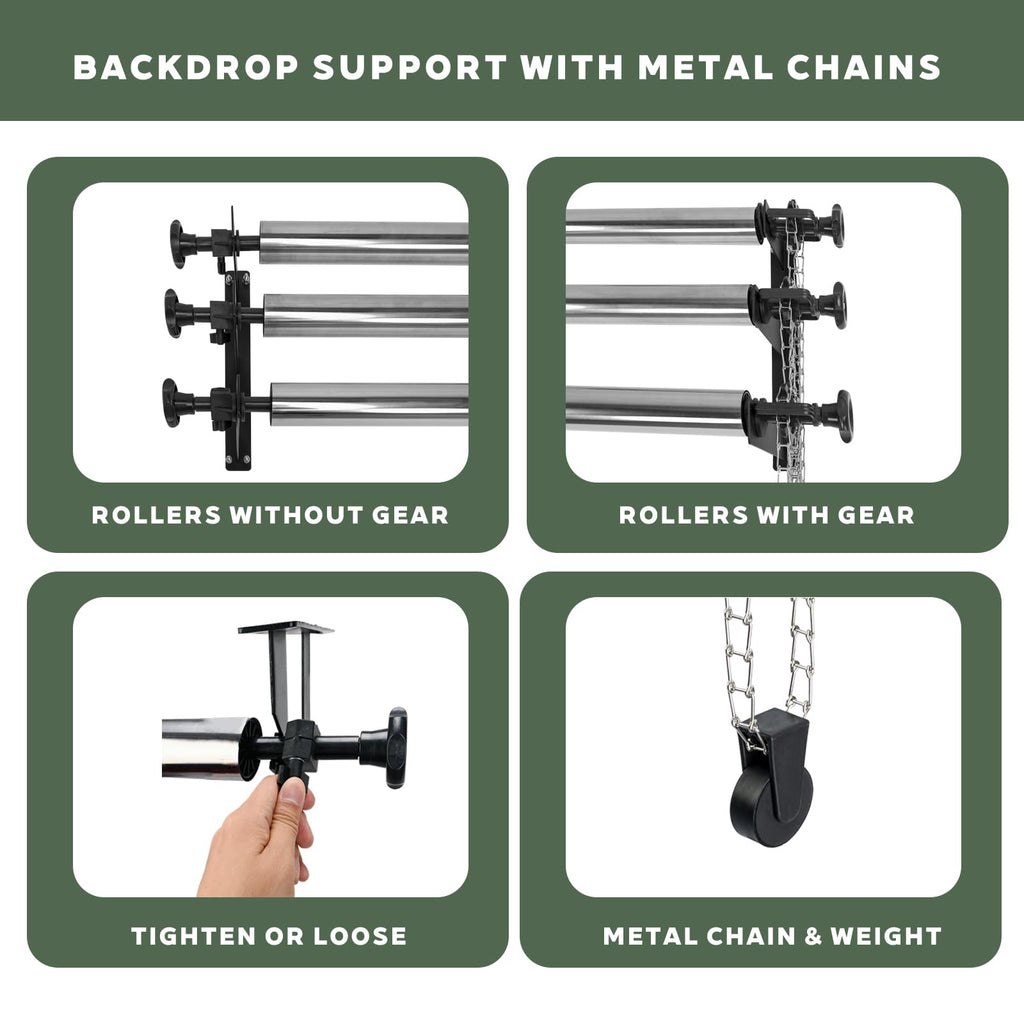 TENBEST Photography Backdrop Roller Support System, 3 Rollers with Metal Chains, 120-inch Stainless Steel Crossbars, Wall/Celing/Light Stand Backdrop Mount, Background Support