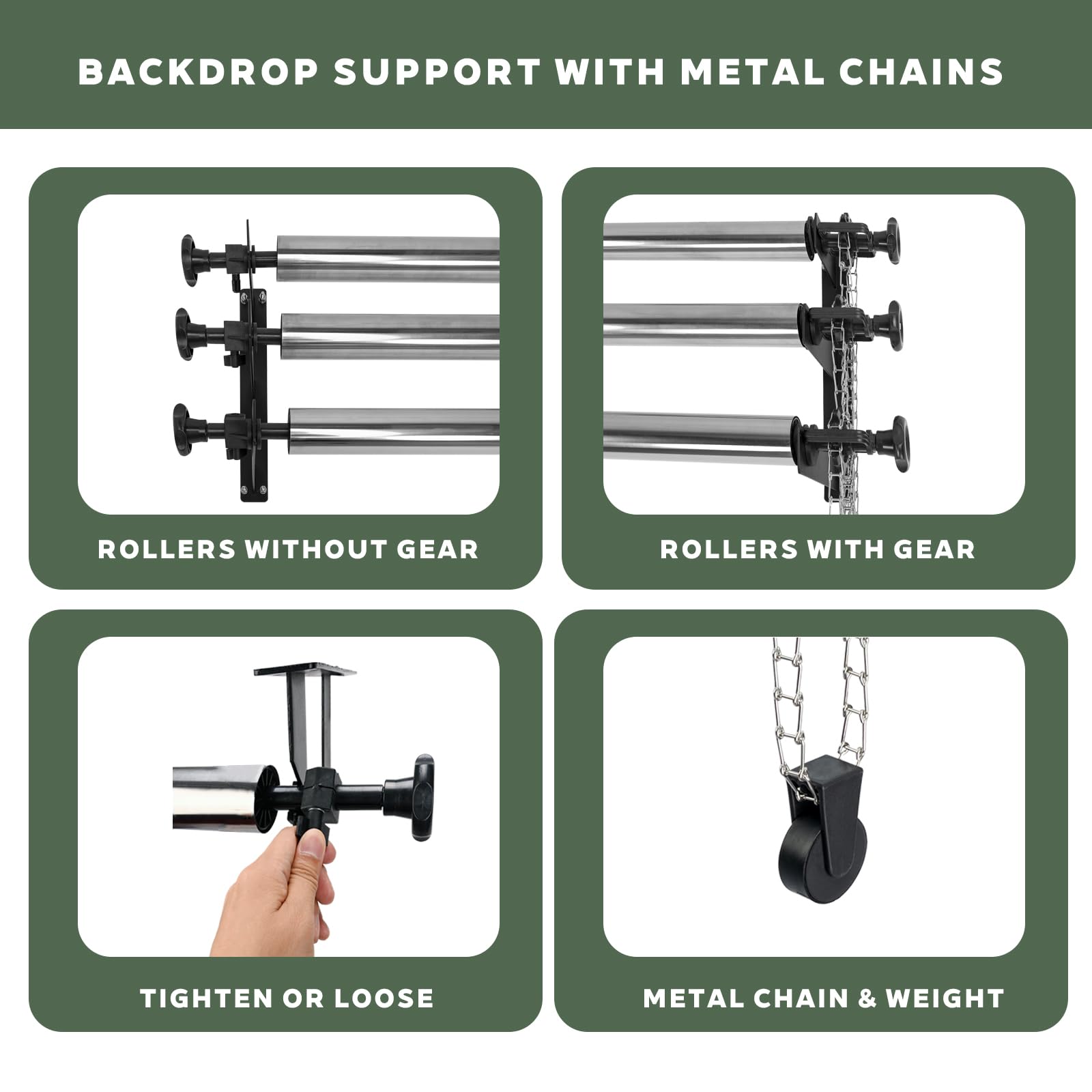 TENBEST Photography Backdrop Roller Support System, 3 Rollers with Metal Chains, 120-inch Stainless Steel Crossbars, Wall/Celing/Light Stand Backdrop Mount, Background Support