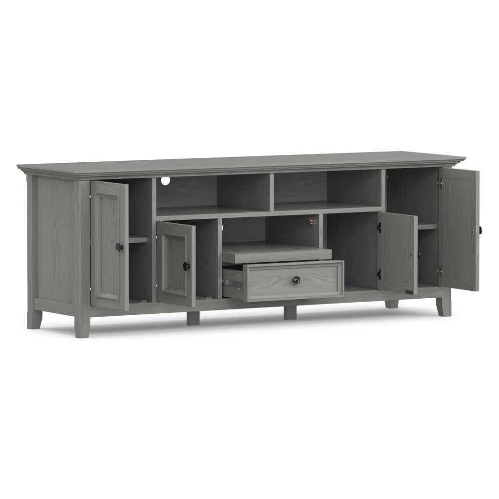 SIMPLIHOME Amherst TV Stand - 72 inch Wide Solid Wood Media Console in Fog Grey, Transitional Entertainment Center for Living Room for TVs up to 80 Inches with Shelves and Cable Management