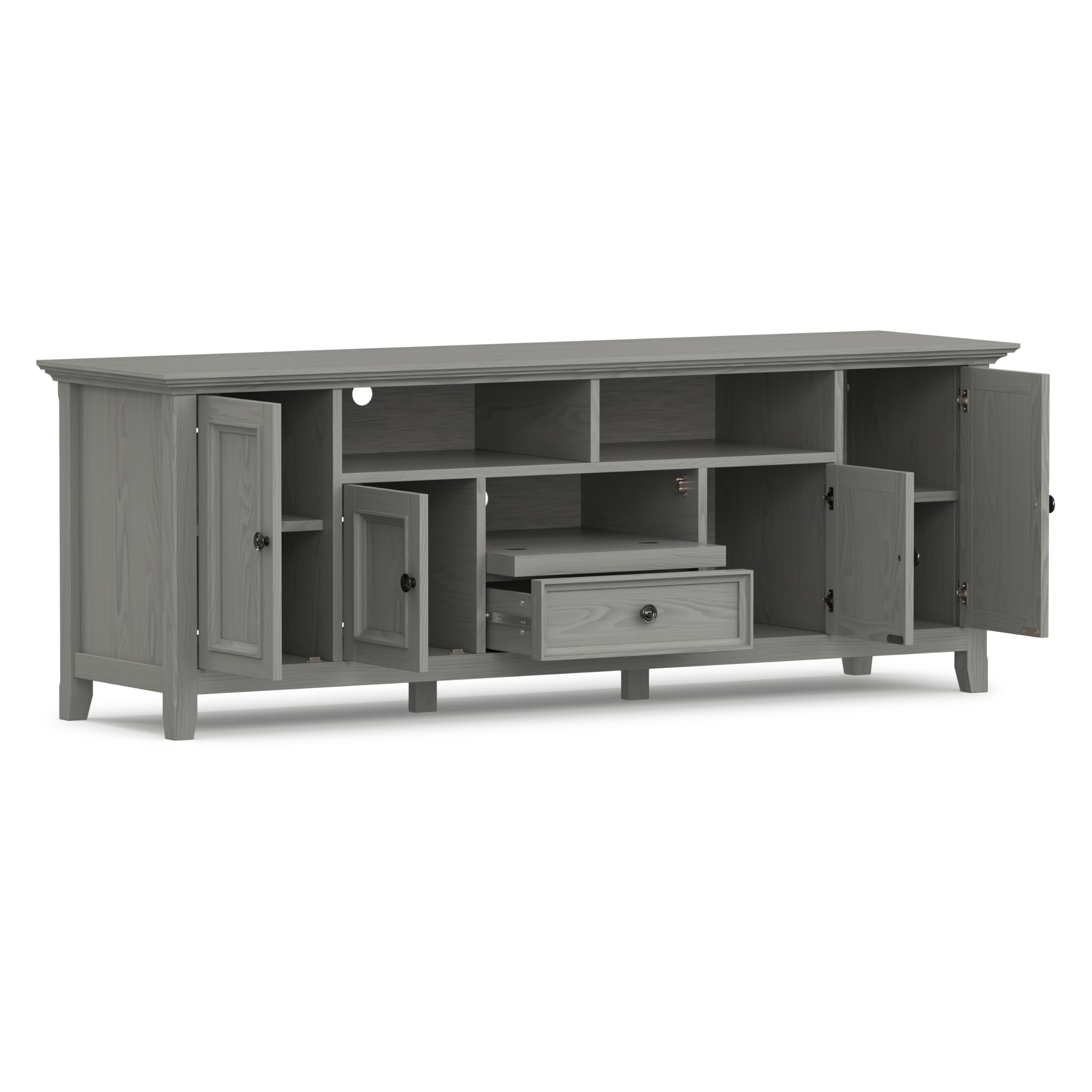 SIMPLIHOME Amherst TV Stand - 72 inch Wide Solid Wood Media Console in Fog Grey, Transitional Entertainment Center for Living Room for TVs up to 80 Inches with Shelves and Cable Management