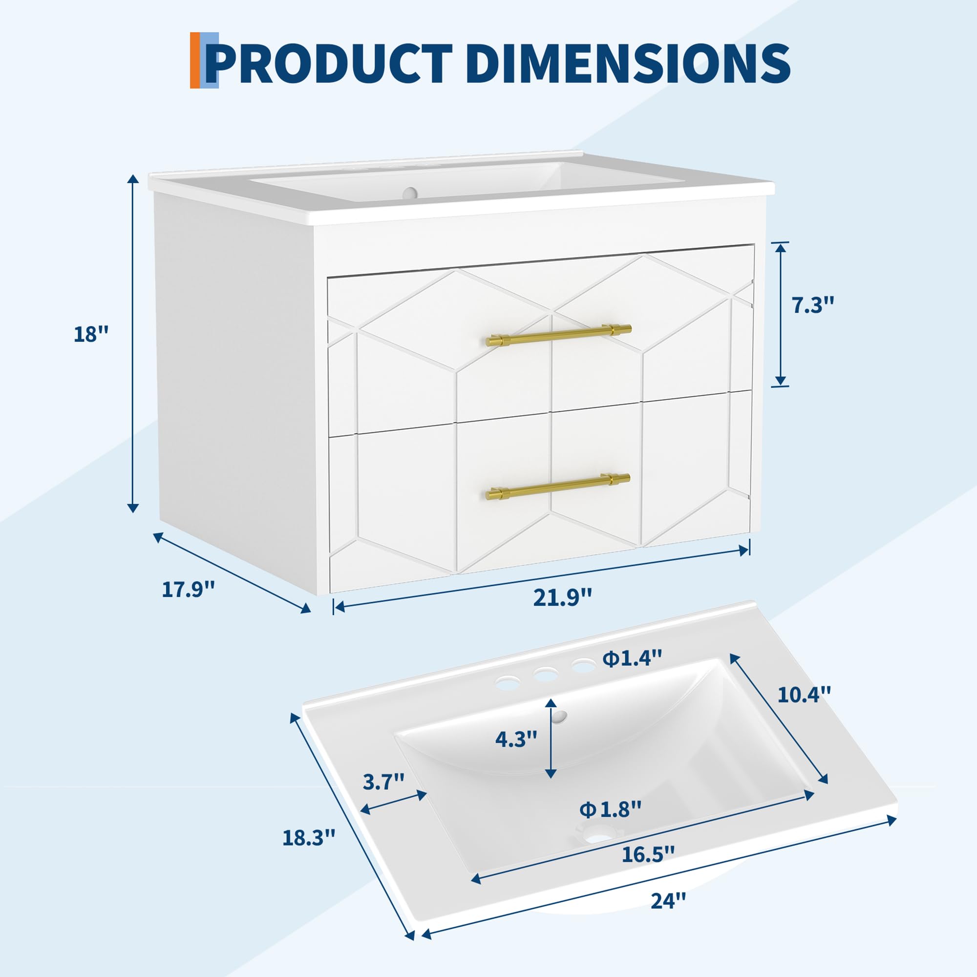 IDEALHOUSE Floating Bathroom Vanity with Sink 24 inch, Modern Bathroom Sink Cabinet, Ceramic Vanity Top, 2 Large Storage Drawers with Gold Metal Handle, Easy to Assembly, White