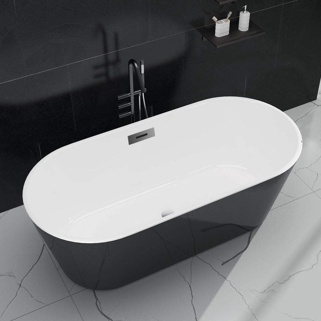 59 Inch Freestanding Bathtub, Acrylic, Deep Soaking Tub with Non-Slip Base, Modern Black Free Standing Tub for Bathrooms, cUPC Certified with Chrome Drain