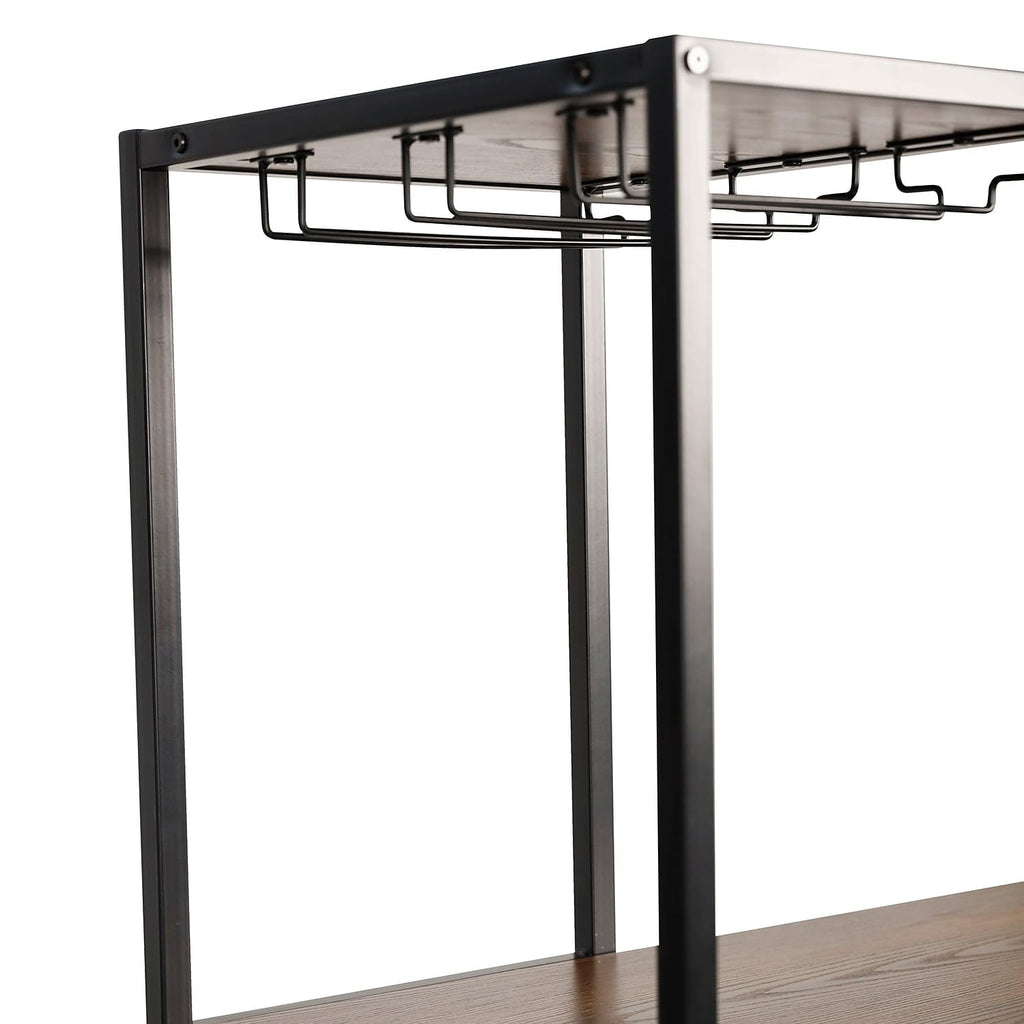 Flash Furniture Jura Metal Bar and Wine Table with Bottle and Stemware Storage, 2 Slanted Bottle Shelves, 3 Stemware Hangers, Waterproof Table Top, Black/Walnut