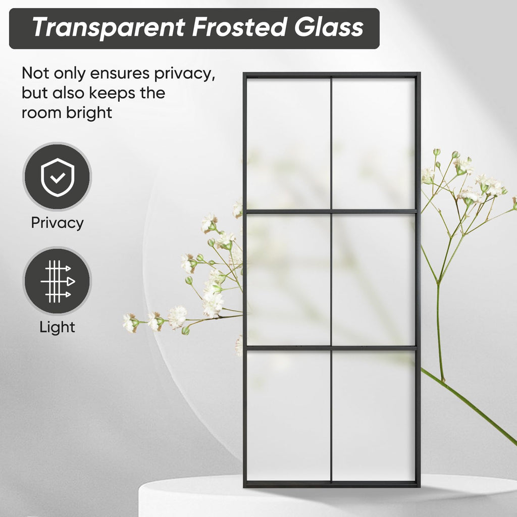 BARNSMITH 36in x 96in Glass Barn Door with 6FT Hardware Included, Aluminum Alloy Frame Frosted Tempered Glass, 6-Lite Lightweight Sliding Barn Door, Easy Assembly