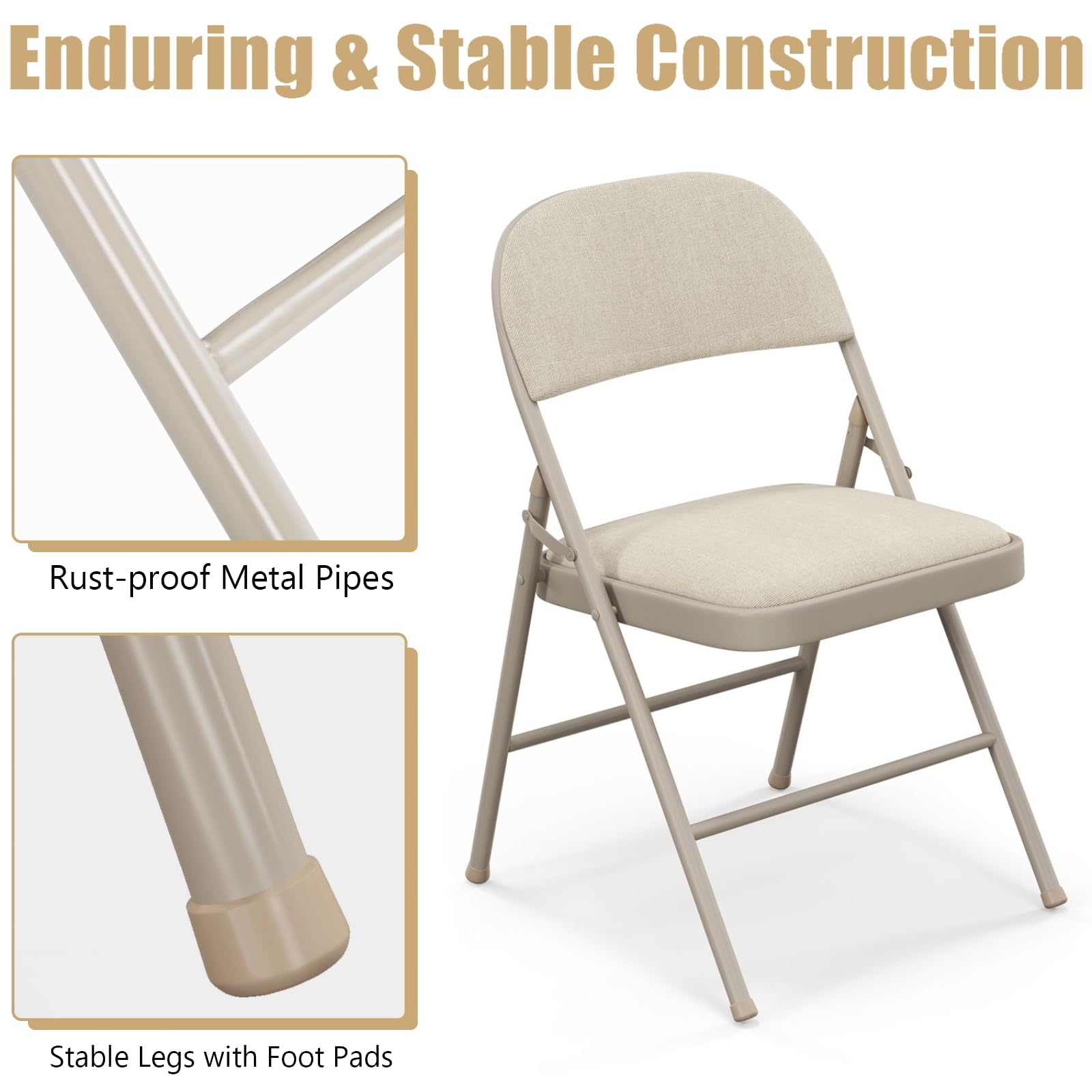 TANGZON 2/4/6 Pack Fabric Padded Folding Chairs, Steel Frame Conference Chairs with Backrest & Non-Slip Foot Pads, Easy Storage Event Hall Guests Seat for Home Office Reception (6pcs,Mid Back,Beige)